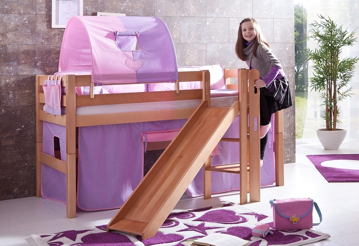Relita Hoogslaper Eliyas incl. oprolbare lattenbodem, met ladder, glijbaan en textiel set, massief beuken hoogslapers roze