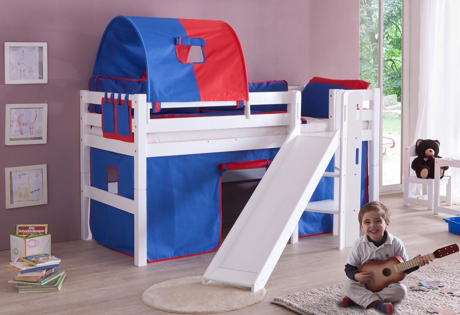 Relita Hoogslaper Eliyas incl. oprolbare lattenbodem, met ladder, glijbaan en textiel set, massief beuken hoogslapers rood