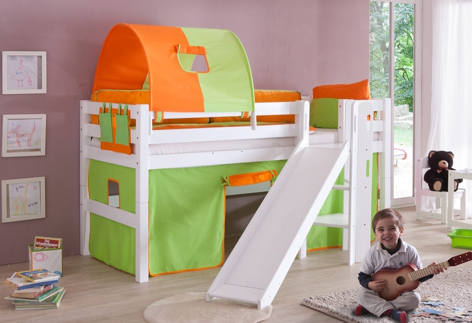 Relita Hoogslaper Eliyas incl. oprolbare lattenbodem, met ladder, glijbaan en textiel set, massief beuken