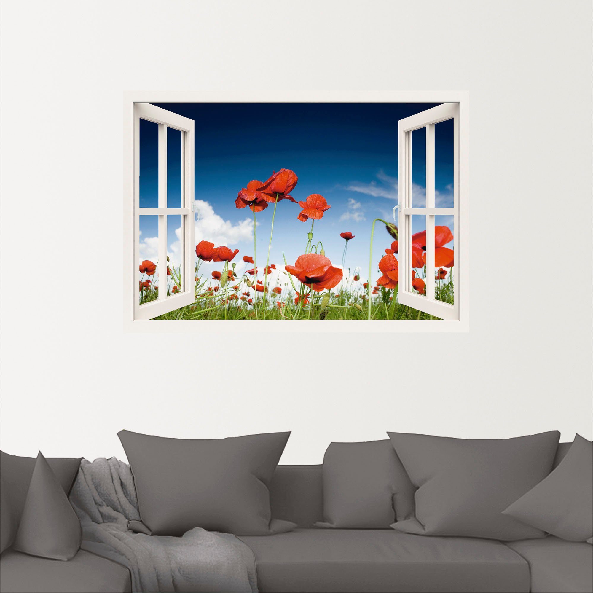 Artland Artprint Blik uit het venster veld met klaprozen als artprint op linnen, poster, muursticker in verschillende maten