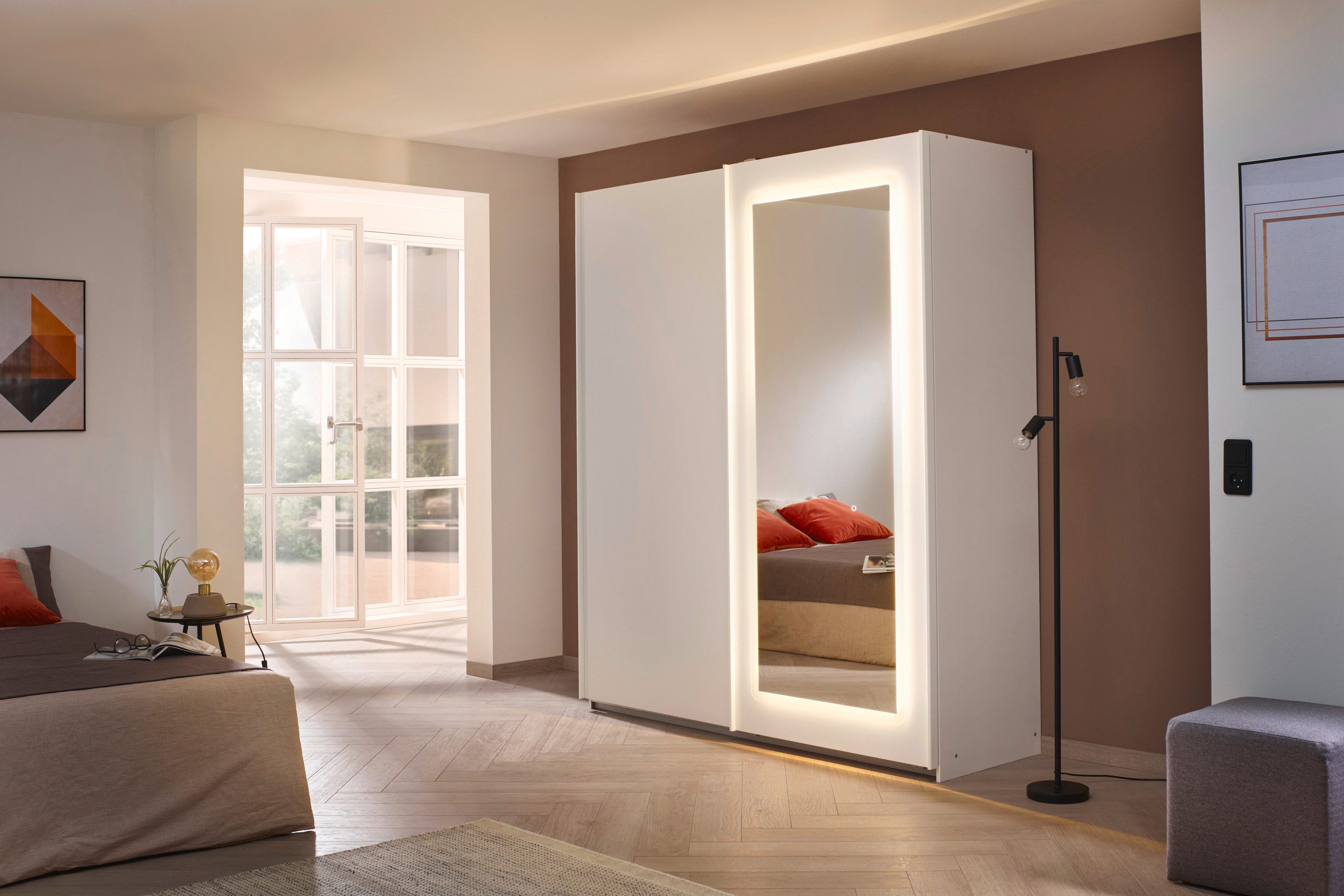 rauch Schuifdeurkast Kledingkast Kast Garderobe Wasmand ABRAXXAS met spiegel en geïntegreerde dimbare led-verlichting made in germany
