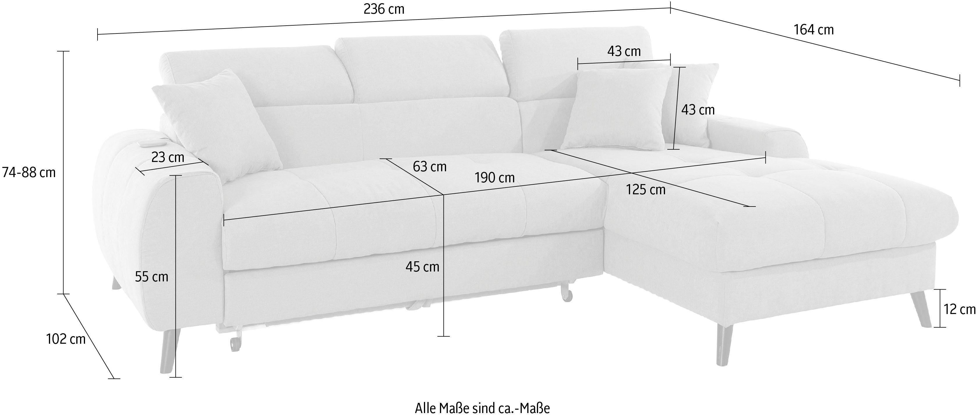 COTTA Hoekbank Mia L-vorm met 3 sierkussens 3-delige kussenset, récamier, naar keuze met of zonder rgb-verlichting