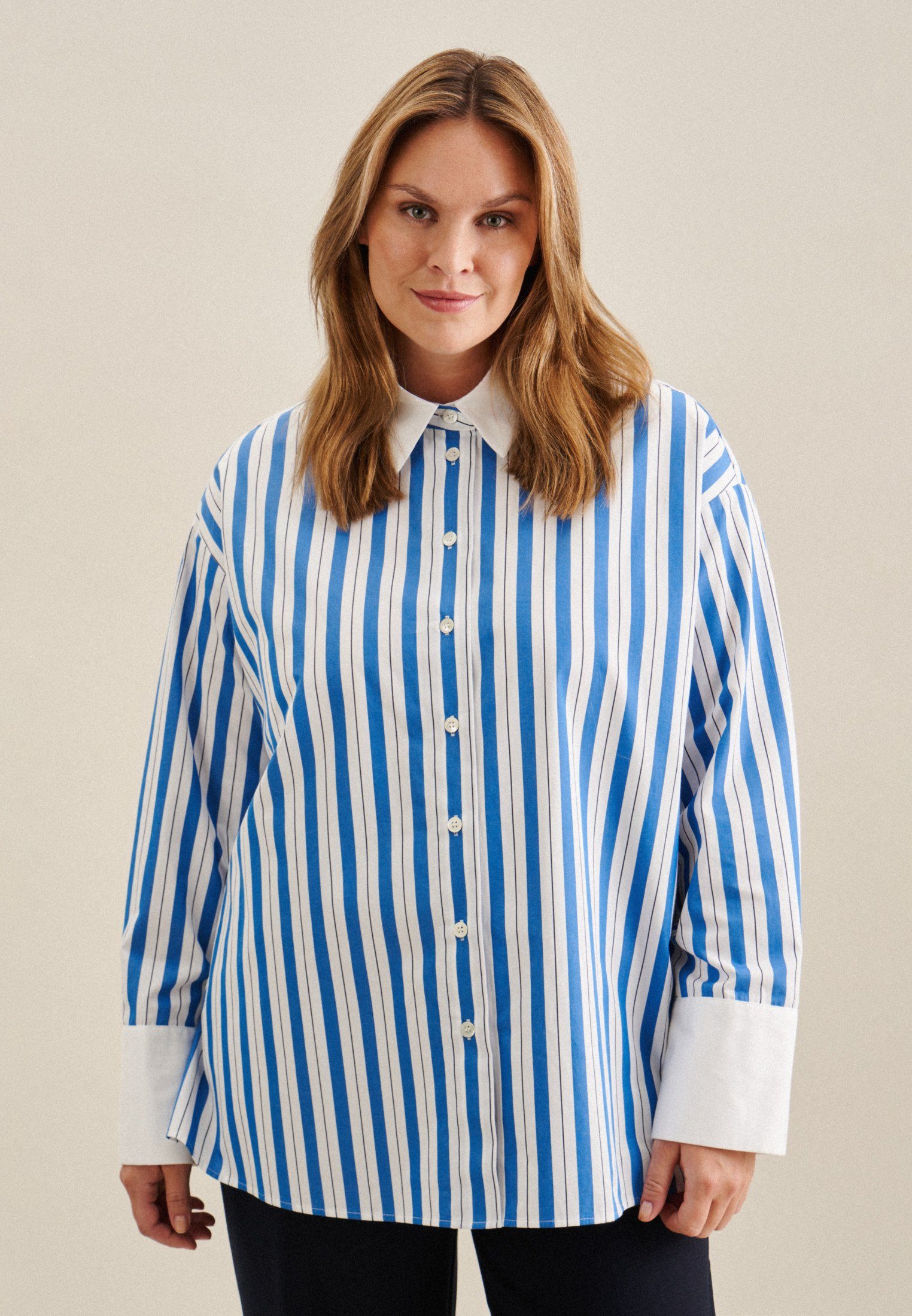 seidensticker Overhemdblouse Zwarte roos Lange mouwen kraag strepen dames lange blouses maat 7XL (54) blauw
