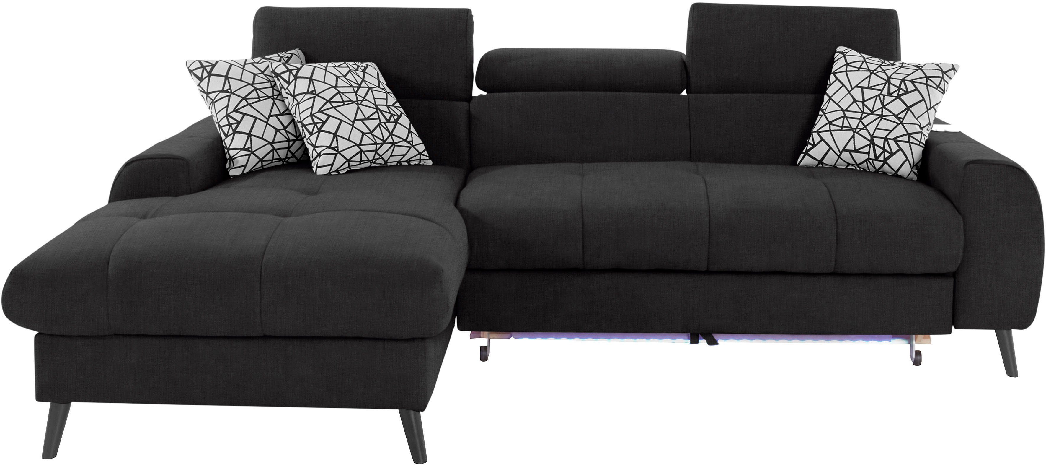 COTTA Hoekbank Mia L-vorm met 3 sierkussens keuze met bedfunctie, bedlade, verlichting & draadloze oplader