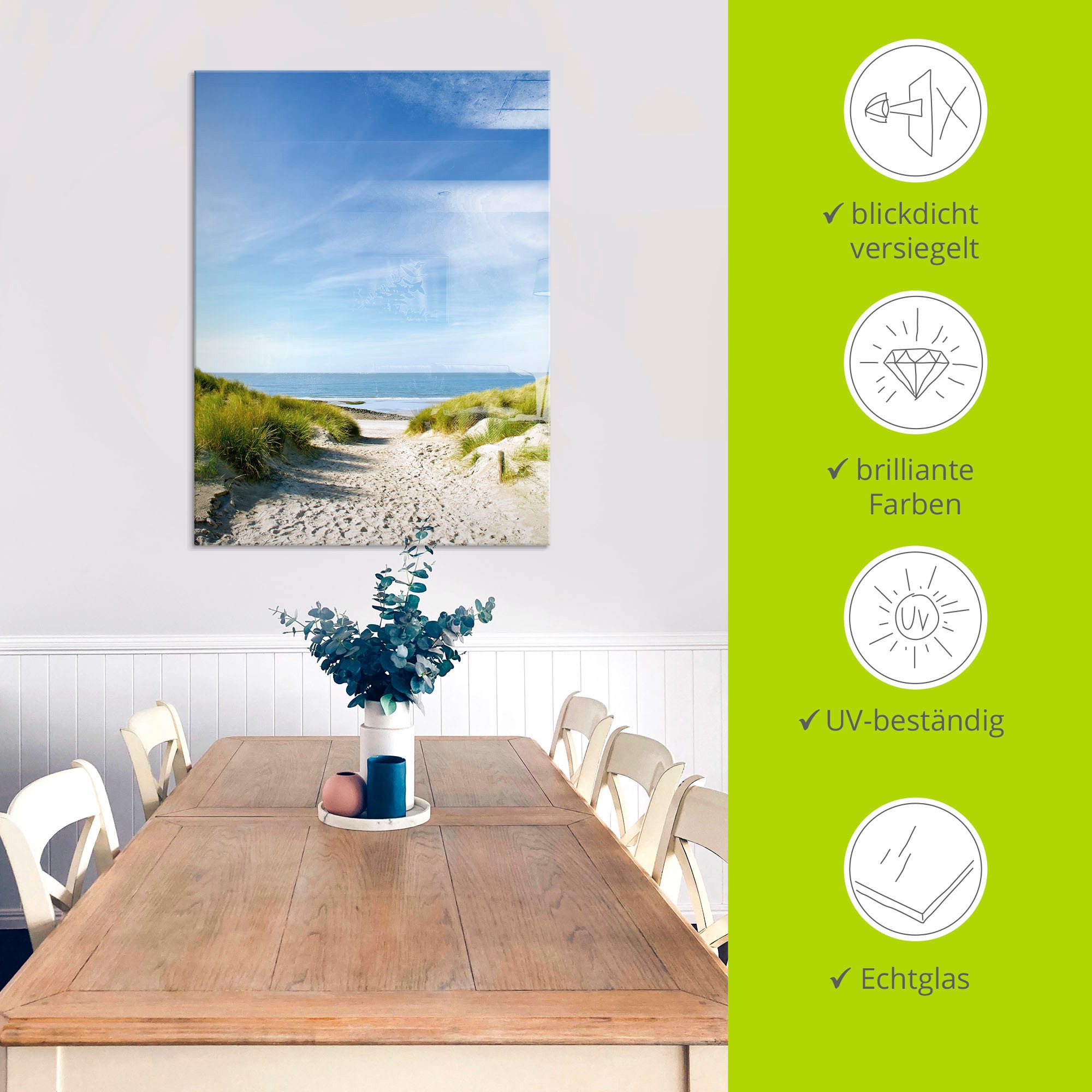 Artland Print op glas Strand met duinen en weg naar het water