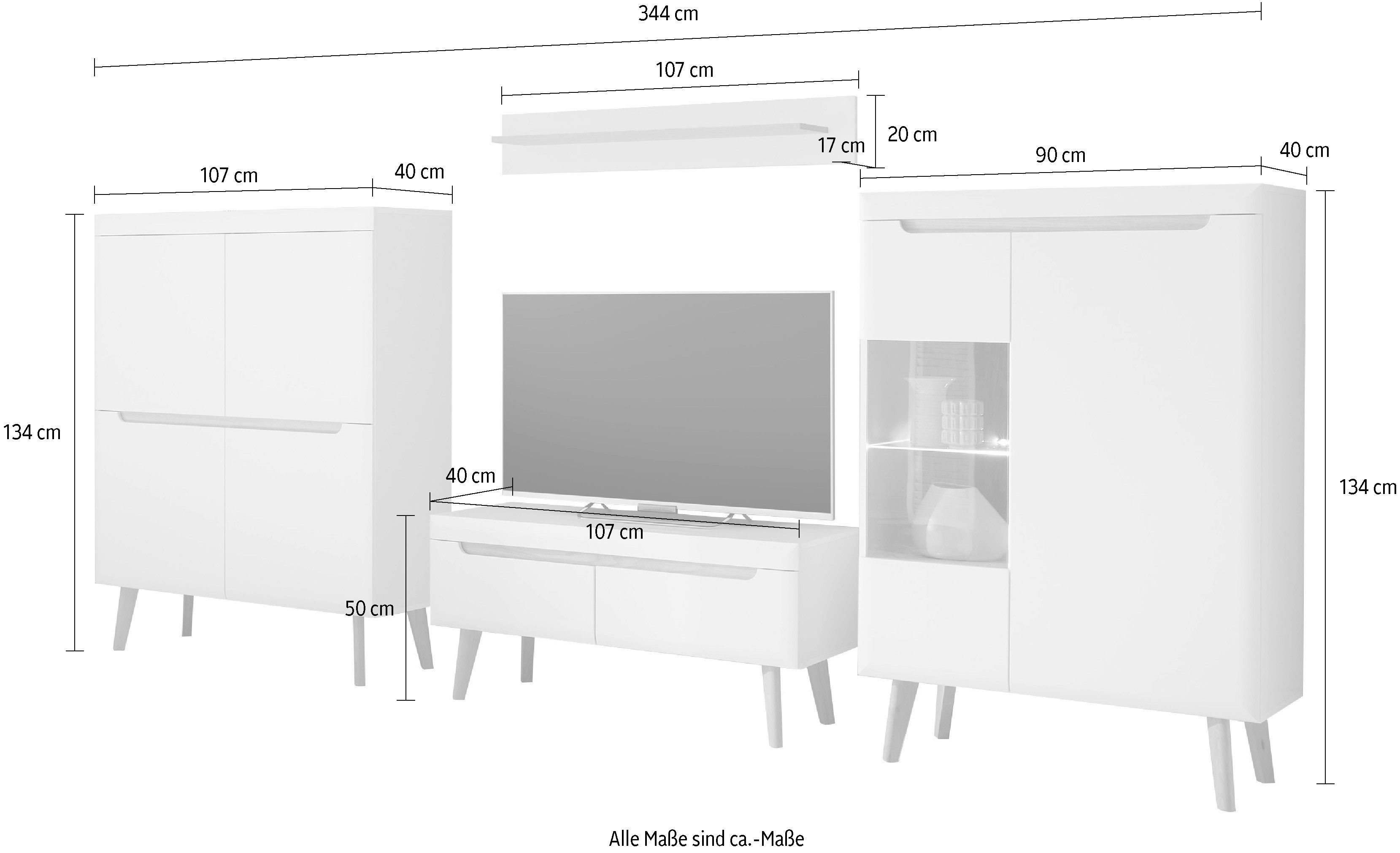 INOSIGN Wandmeubel Torge, wandmeubel, kastwand, mediawand, woonkamer-set bevat 1 vitrine, 1 lowboard, 1 highboard + 1 wandplank, 344 cm breed (set, 4-delig)