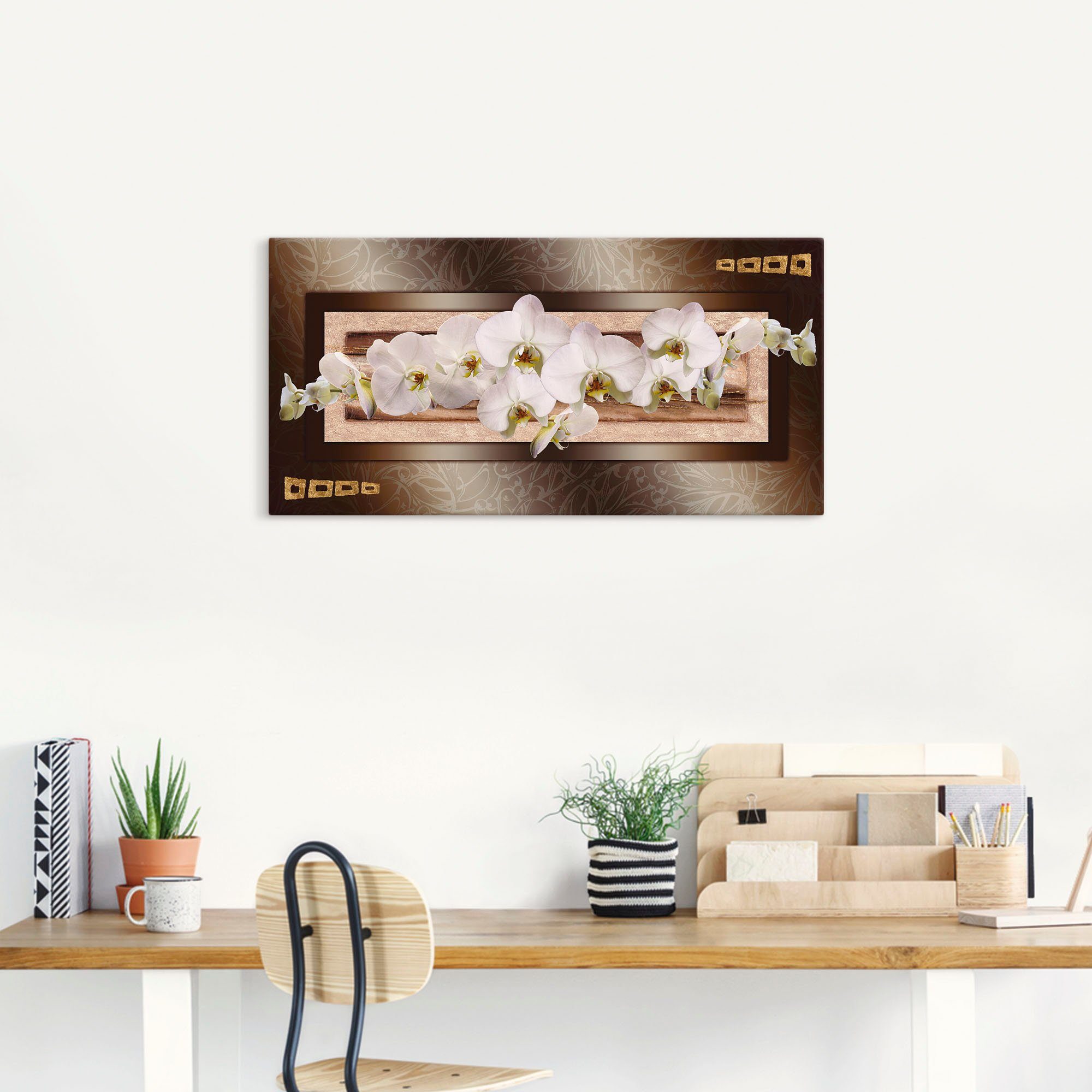 Artland Artprint op linnen Witte orchideeën met goudkleurige vierkanten