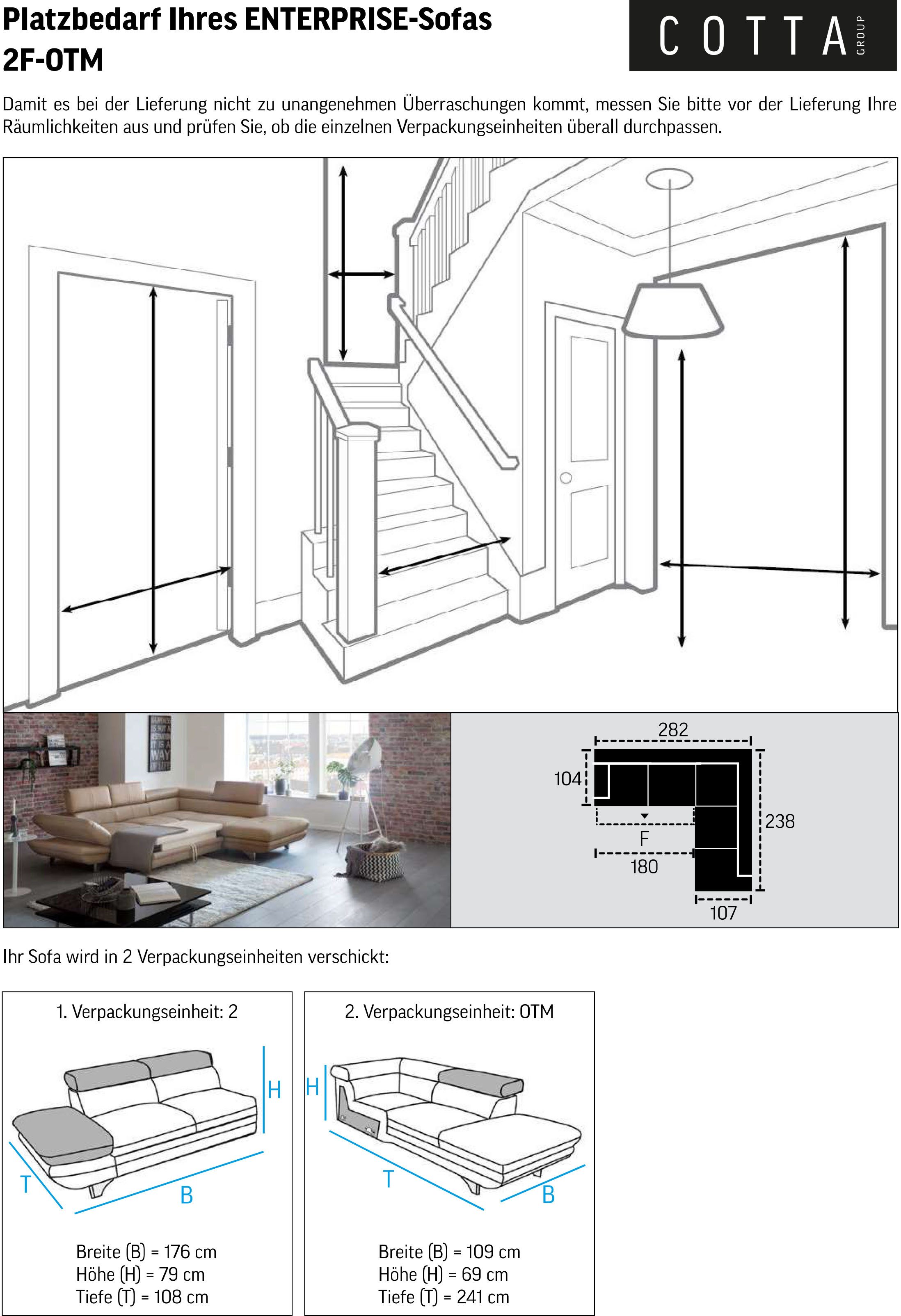COTTA Hoekbank Enterprise L-vorm met arm- en hoofdbordverstelling, optioneel met slaapfunctie