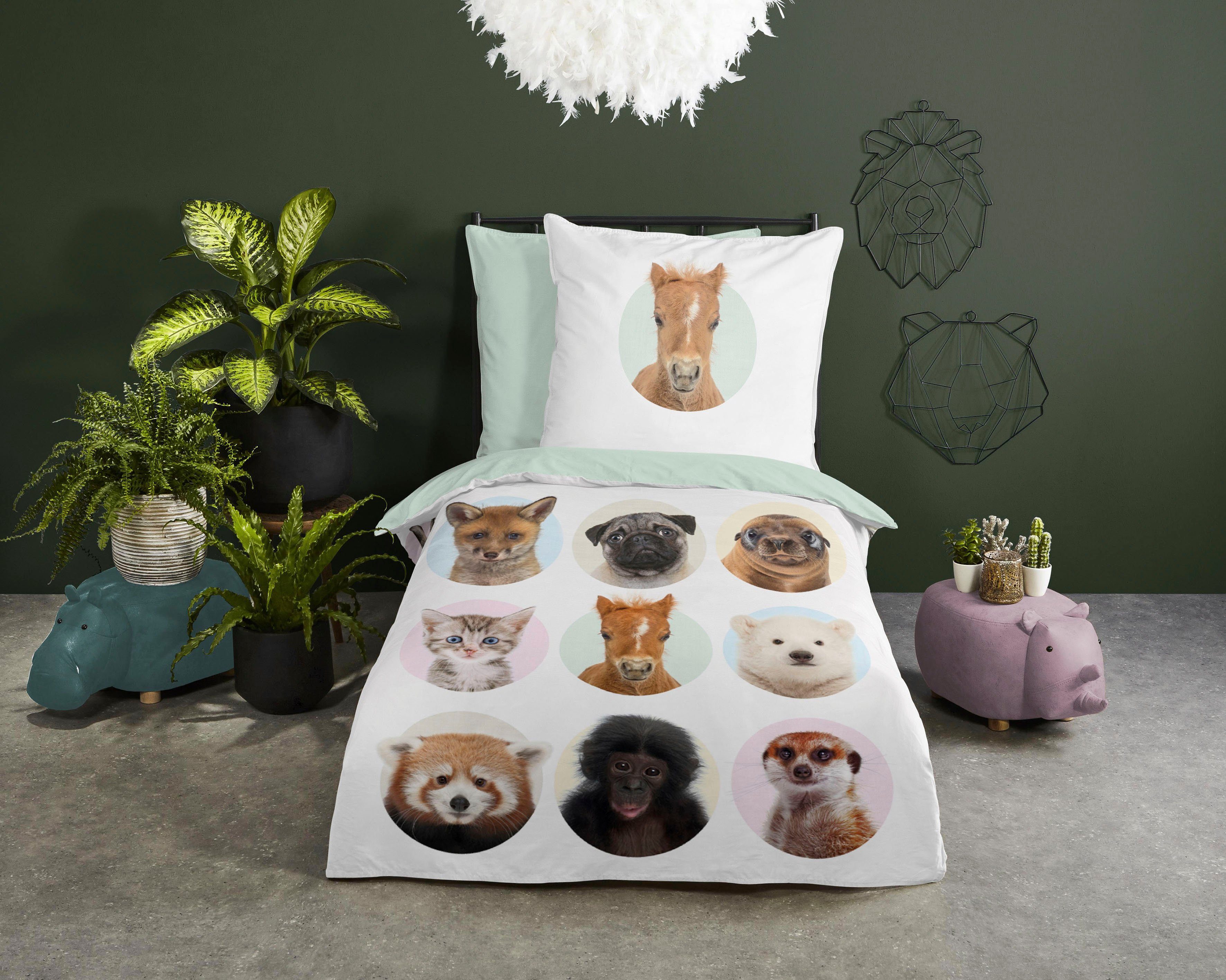 good morning Kinderovertrekset Younganimals 100% katoen, 135x200, rits, omkeerbaar, kind, dier (2-delig) dekbedovertrekken multicolor