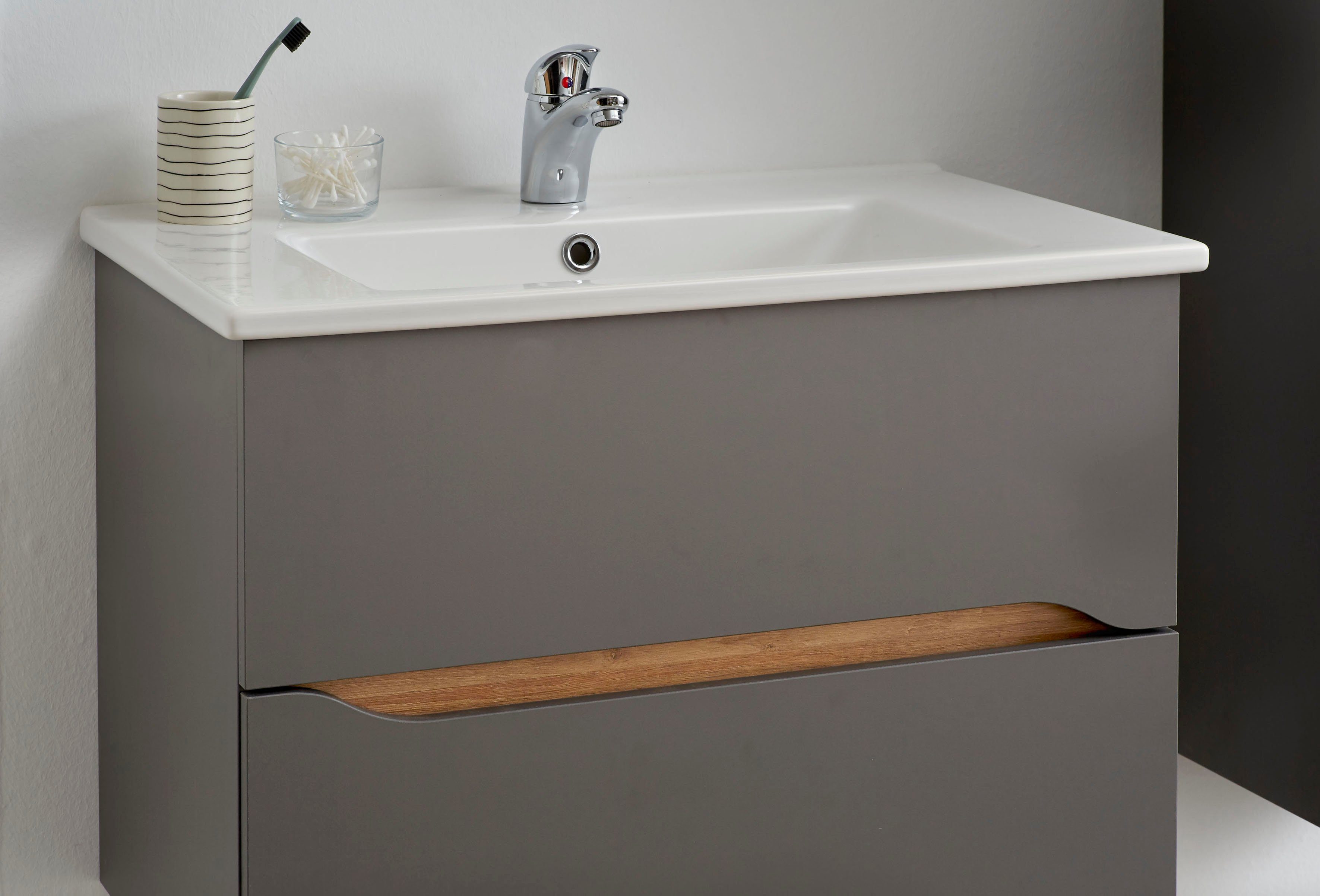 Saphir Wastafelonderkast Quickset keramische wastafel met onderkast, 75 cm breed Wastafelmeubel, onderkast met wasbak, 2 laden, greeploos