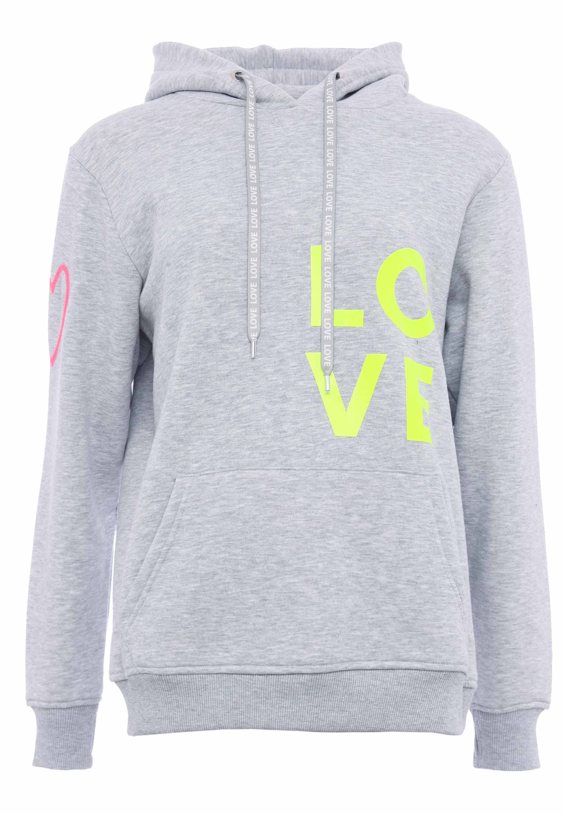 Zwillingsherz Hoodie met geborduurd neonhart op de mouw en "love"-schrift op koord