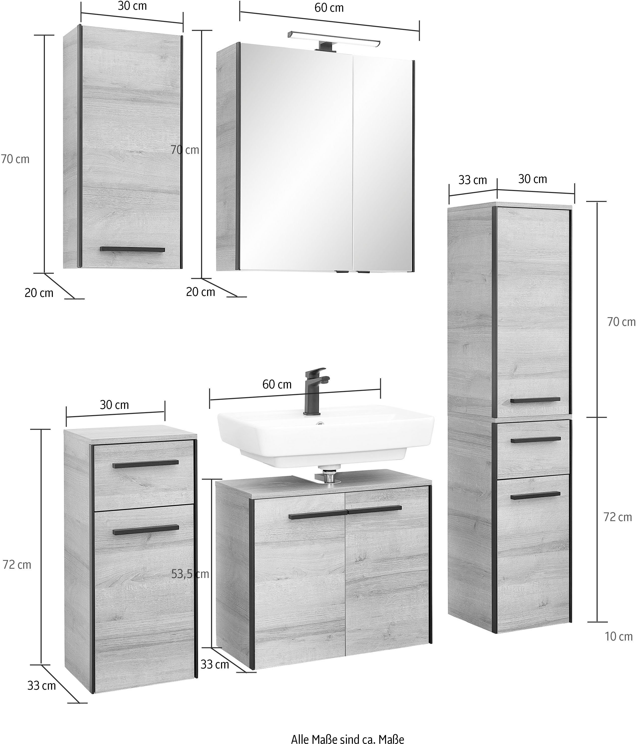 Saphir Badkamerserie Quickset 395 5-delig, wastafelonderkast met led-spiegelkast Onderkast, hangend kastje, halfhoge kast, inclusief deurdemper, 7 deuren (6-delig)