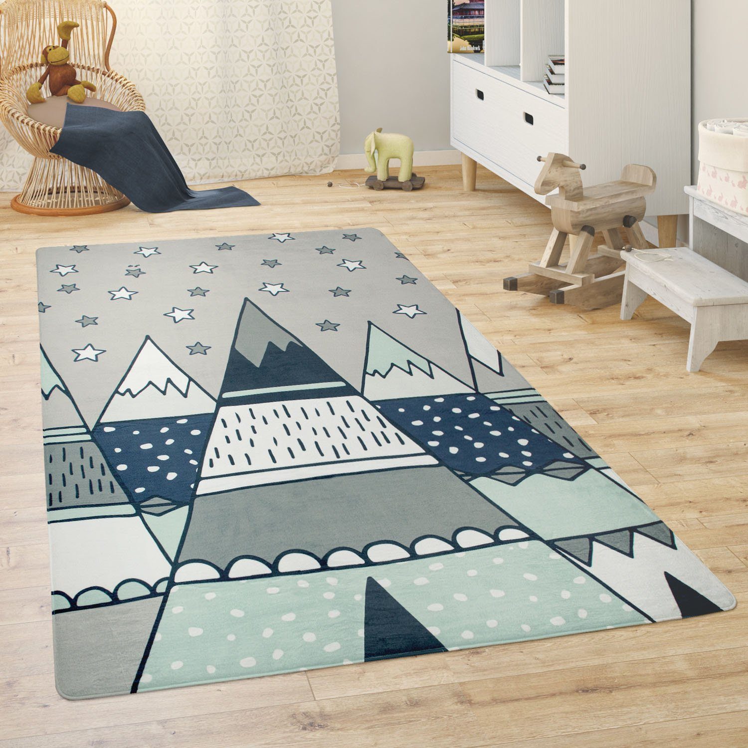 Paco Home Kindervloerkleed Chicos 553 Platweefsel, motief bergen & sterren, kinderkamer