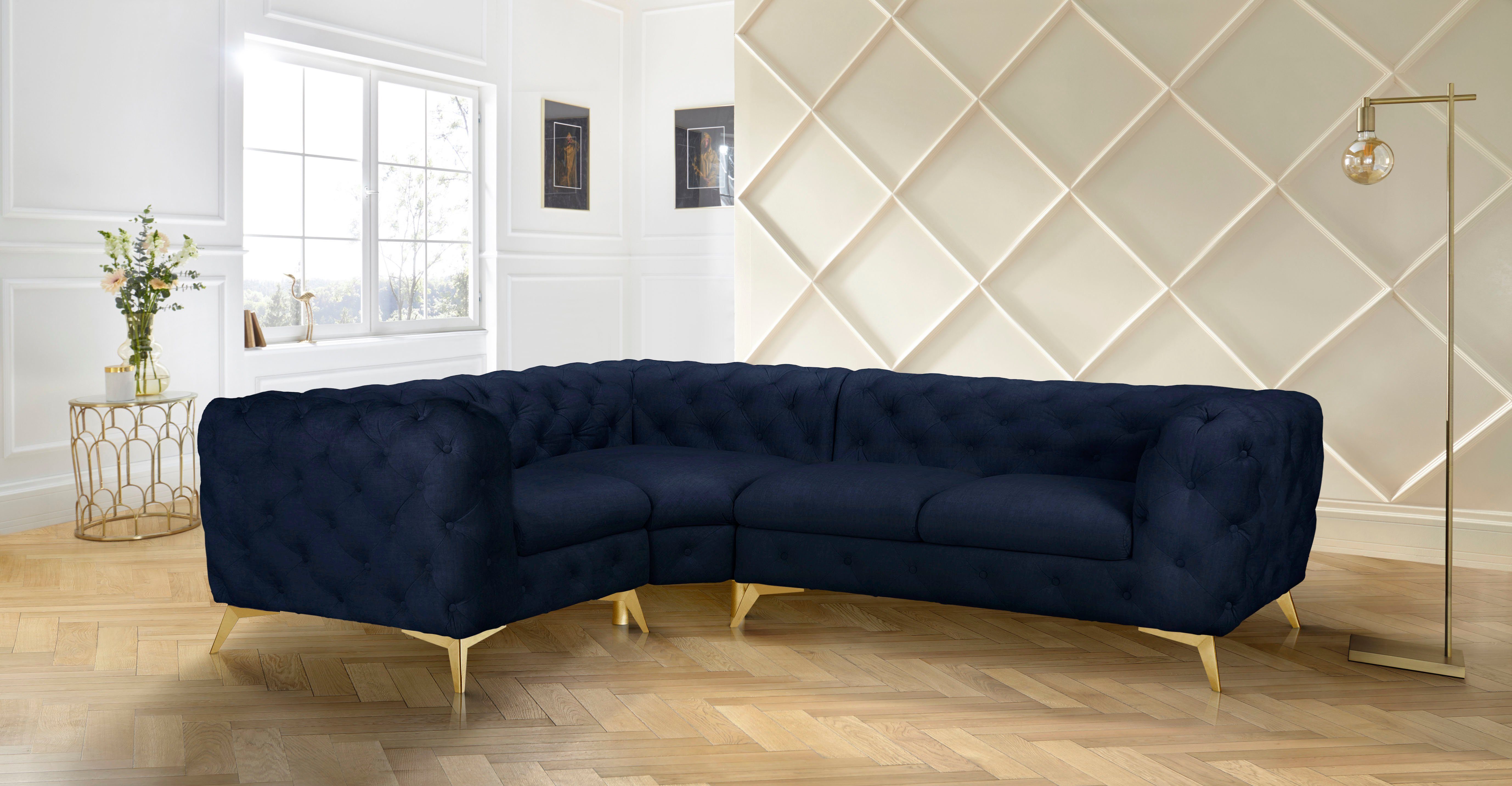 Leonique Chesterfield-bank Glynis L-vorm luxueuze capitonnage, moderne chesterfield look, kleur van de poten ter keuze