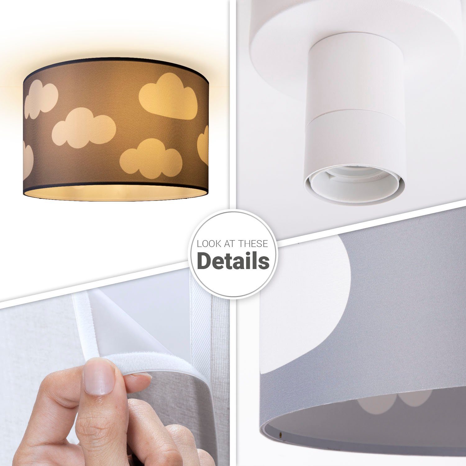 Paco Home Plafondlamp Hugo Cosmo Plafondlamp kinderkamer kinderlamp wolk stofscherm rond E27