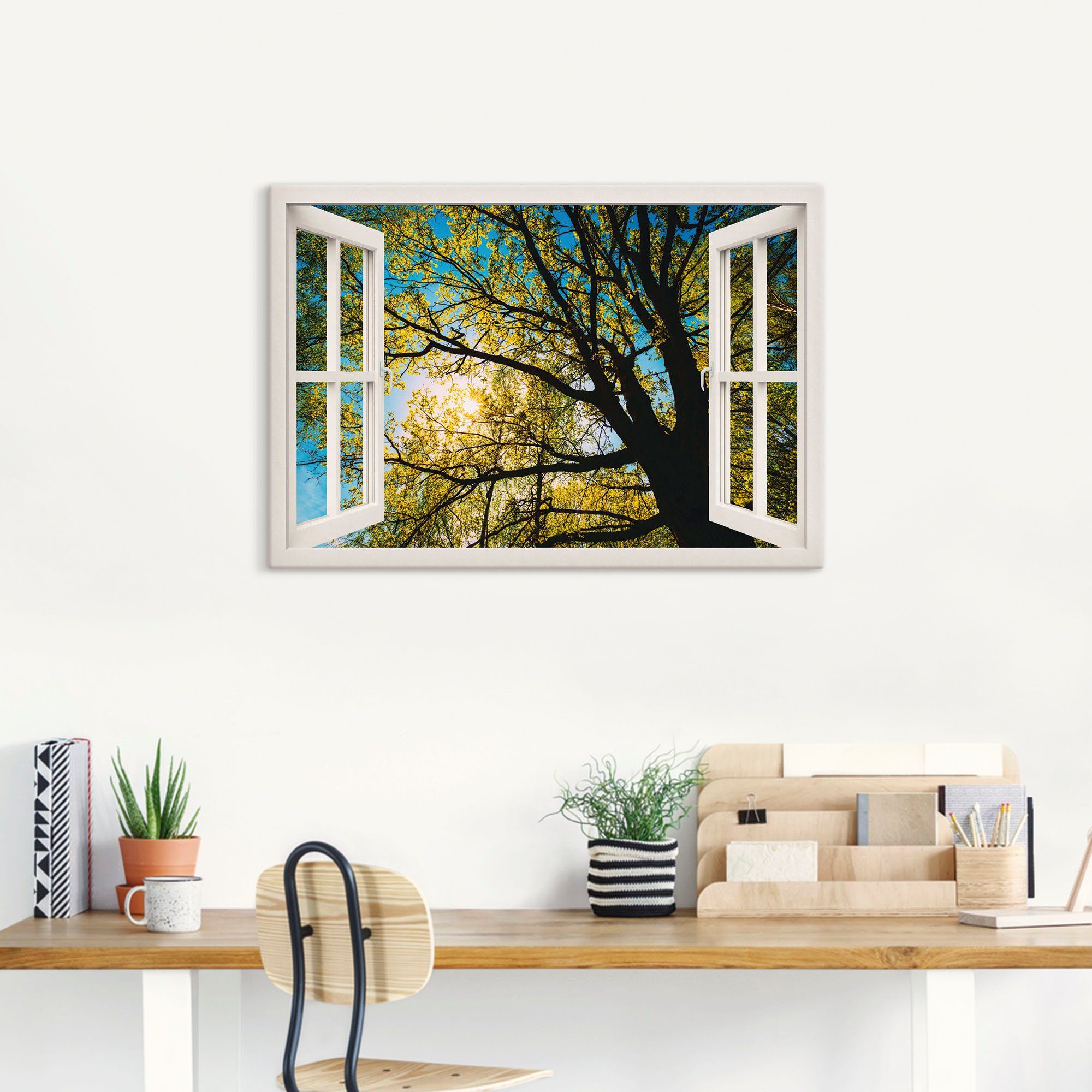 Artland Artprint Blik uit het venster lentezon boomkruin als artprint op linnen, poster in verschillende formaten maten
