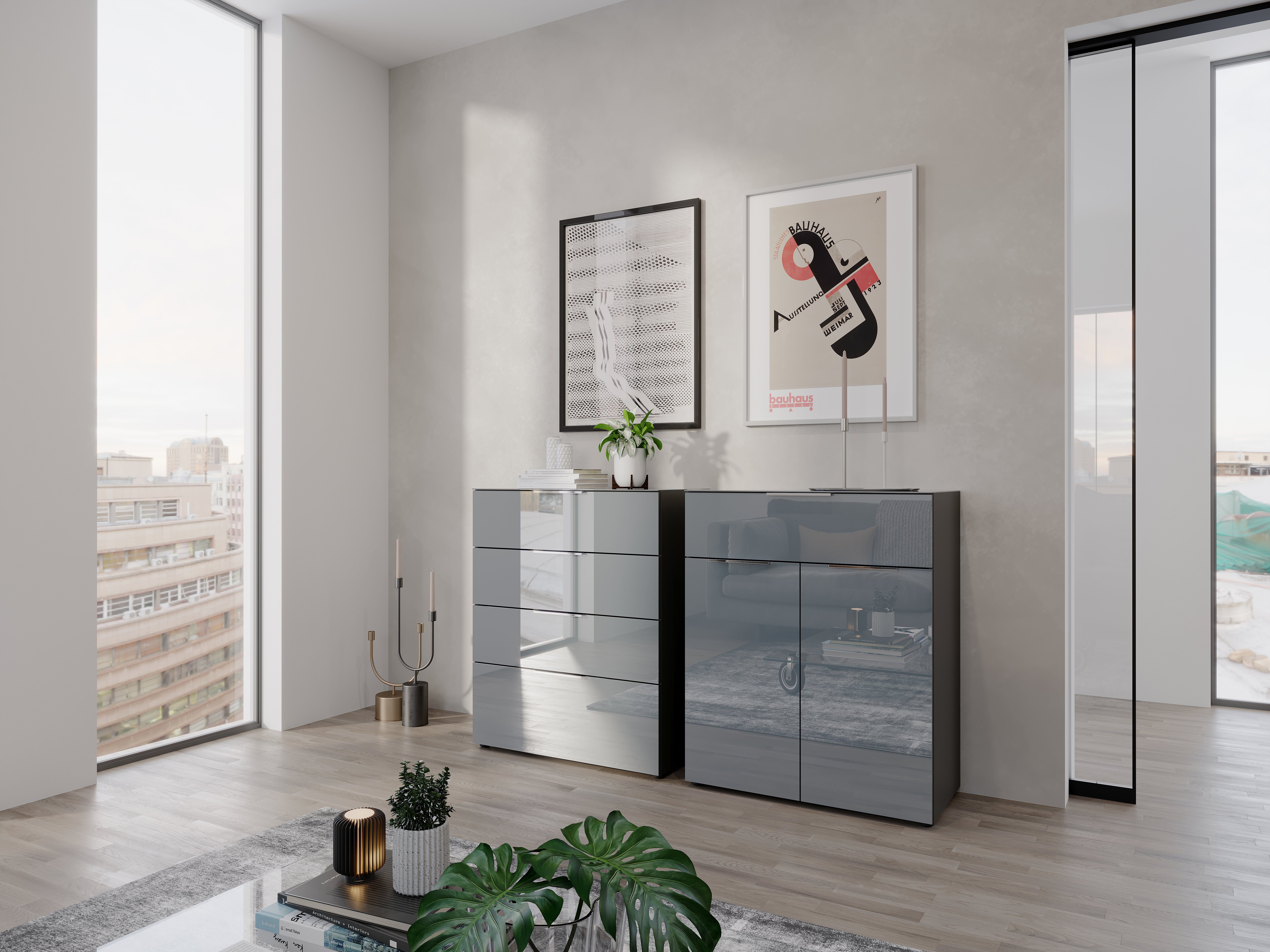 GERMANIA Kast met laden en deuren OAKLAND Breedte 83 cm , fronten en bovenblad met glas-inlay