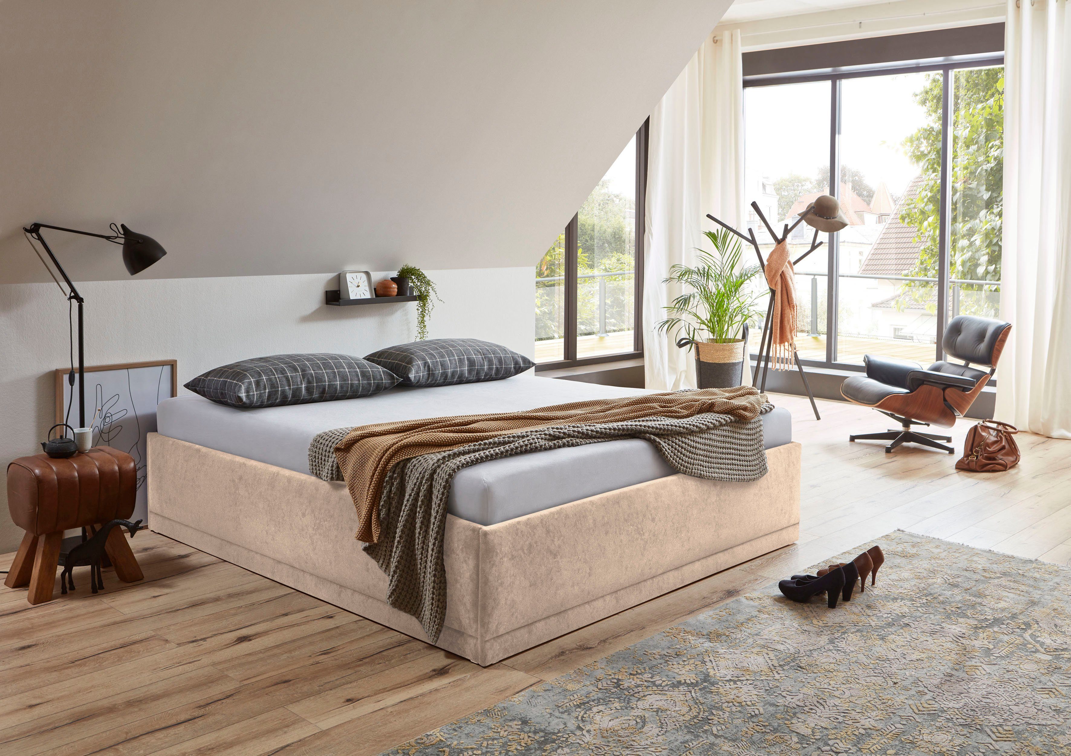 Westfalia Polsterbetten Gestoffeerd bed Texel Comforthoogte met sierkussen, bedkist bij uitvoering met matras bedden bruin
