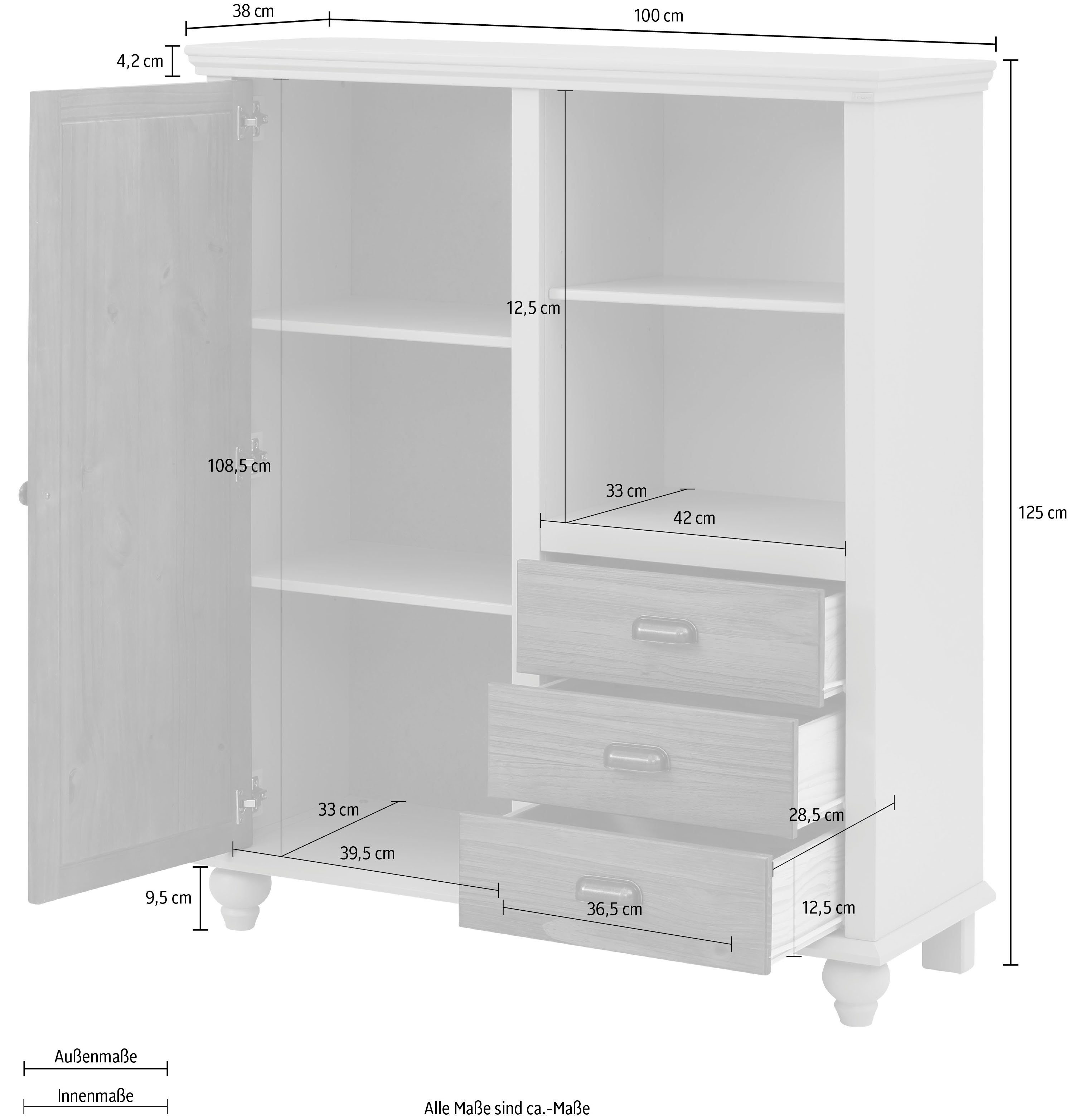 Home affaire Hoge kast Borey met 1 deur en 3 laden van massief hout, hoogte 125 cm, breedte 100 cm