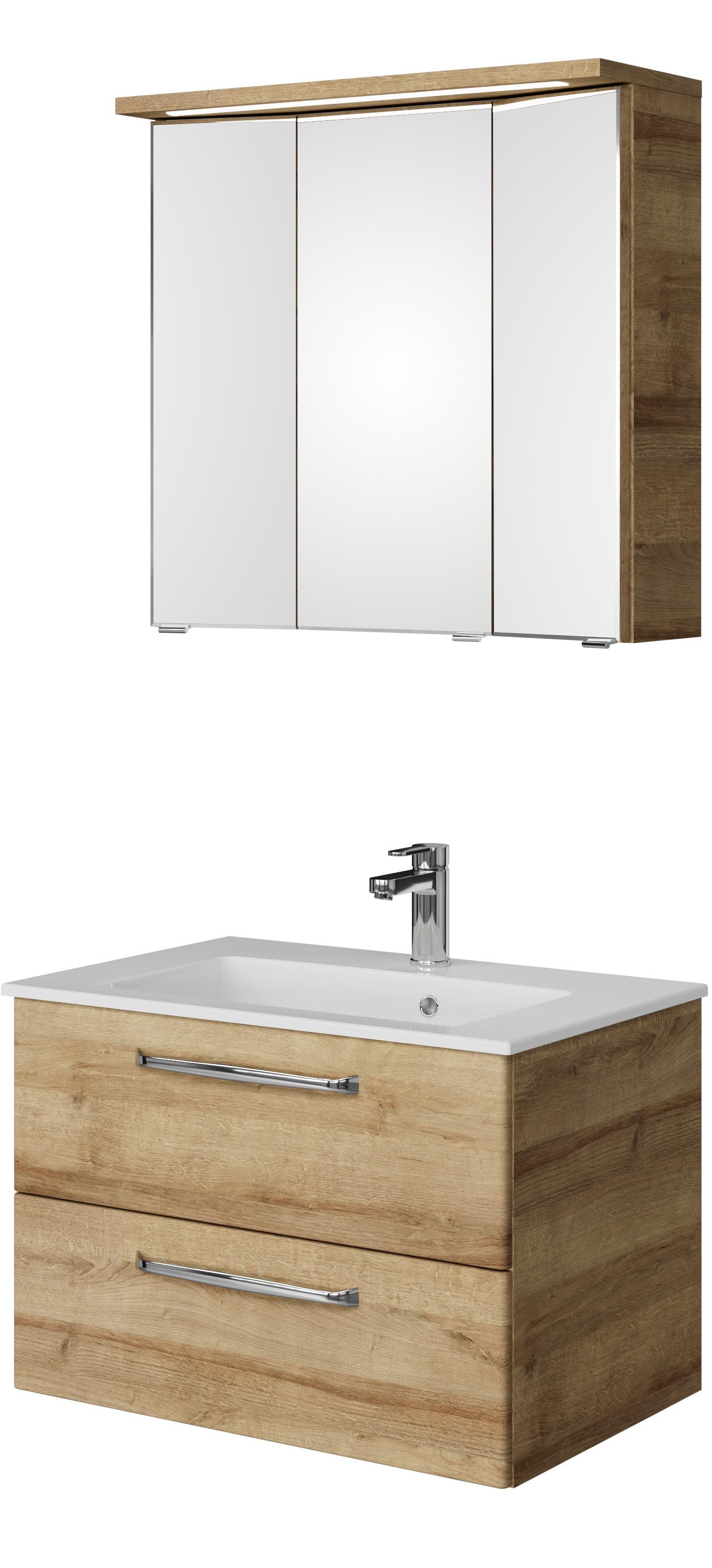 Saphir Badmeubelset Trentino 2-delig mineralen marmer wasbak met LED spiegelkast Badkamermeubel-set 77cm breed, incl. deurdemper, 3 deuren, 2 lades (3