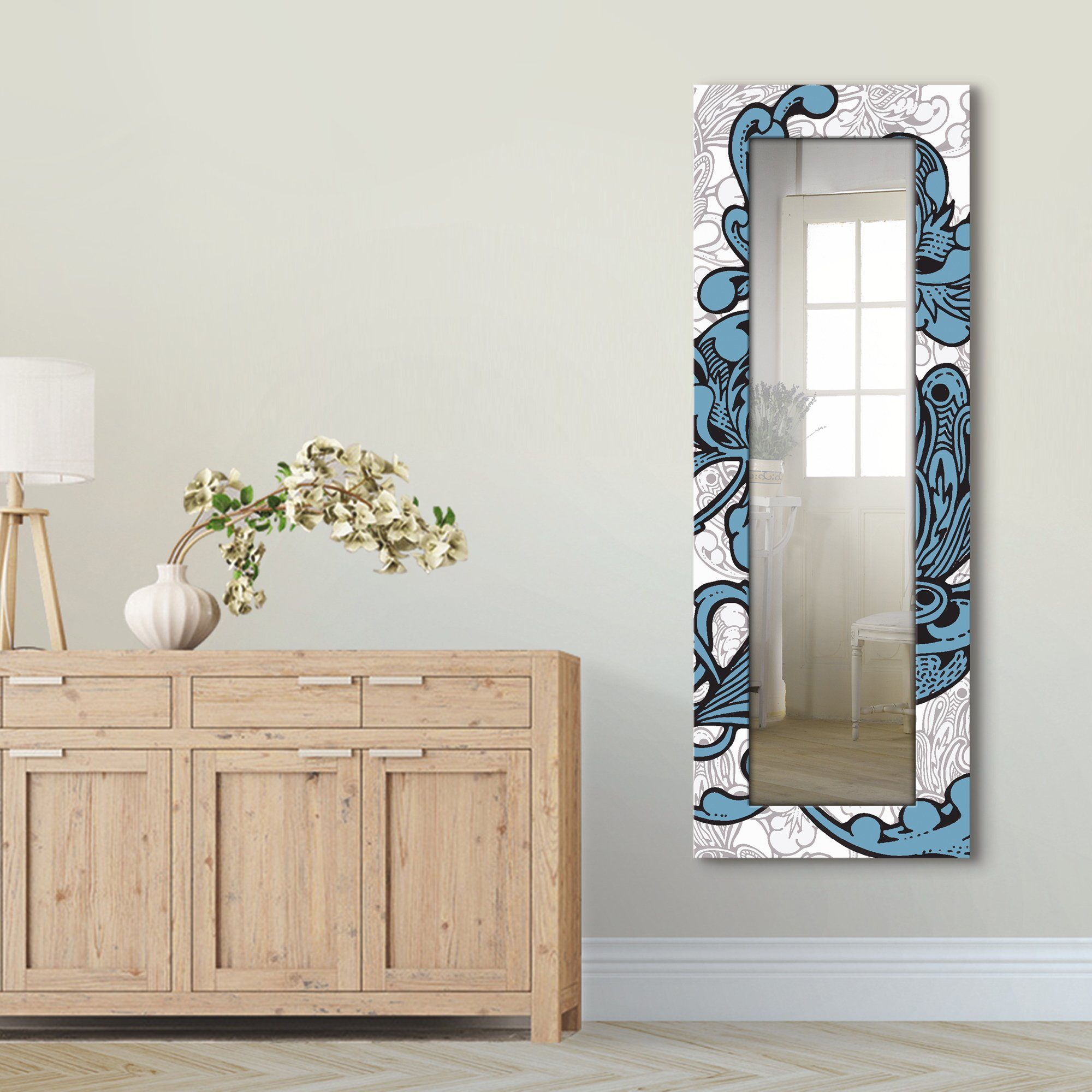 Artland Sierspiegel Blue Ornaments ingelijste spiegel voor het hele lichaam met motiefrand, geschikt voor kleine, smalle hal, halspiegel, mirror spiegel omrand om op te hangen