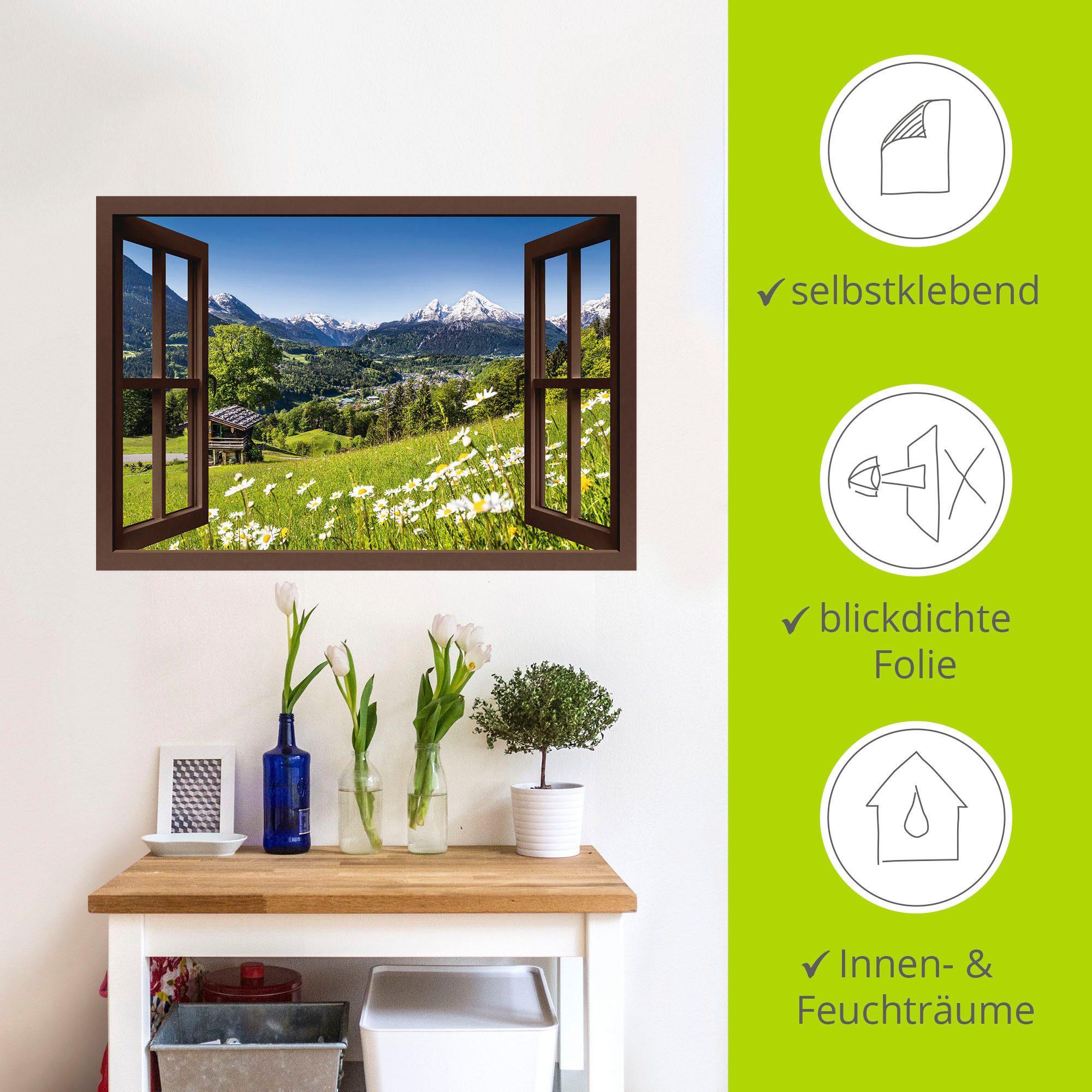 Artland Artprint Blik uit het venster Beierse Alpen als artprint van aluminium, artprint voor buiten, artprint op linnen, poster, muursticker