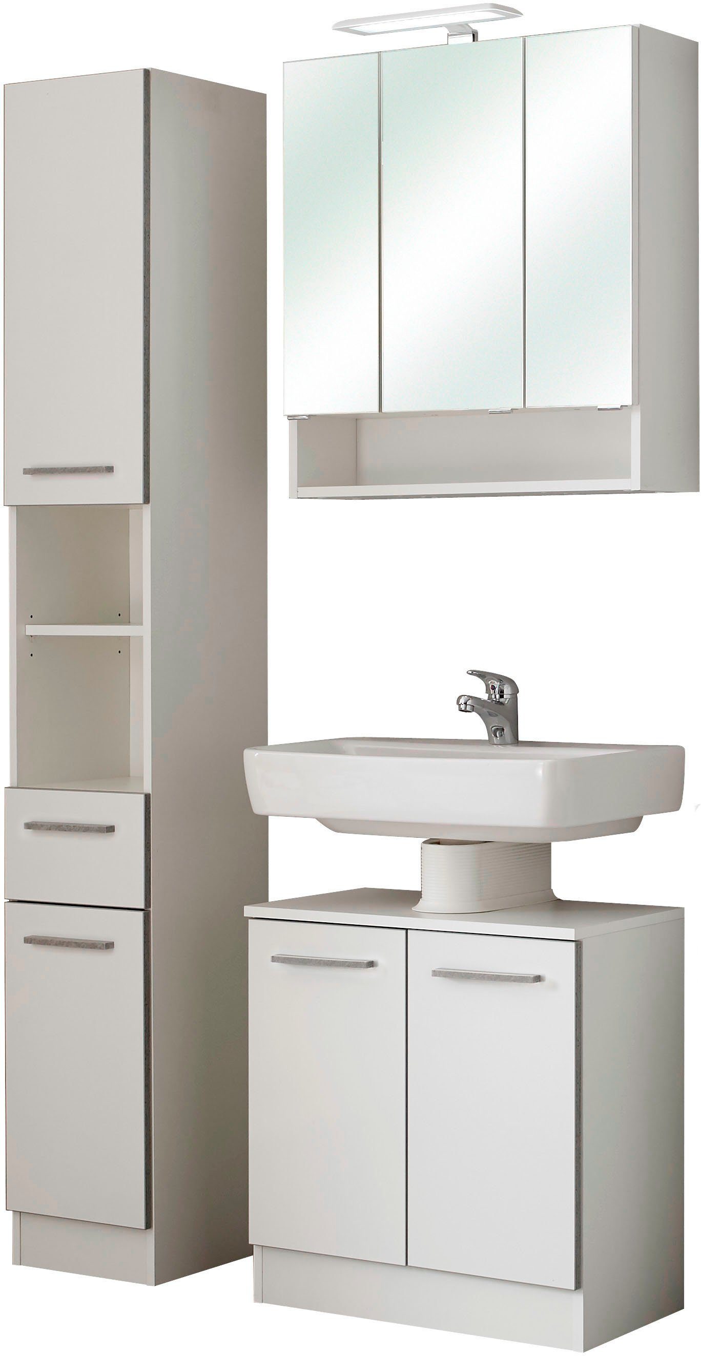 Saphir Badmeubelset Quickset 953 3-delig, wastafelonderkast en led-spiegelkast in glanzend wit, badkamermeubel inclusief deurdemper, zonder wasbak, 7 deuren (set)