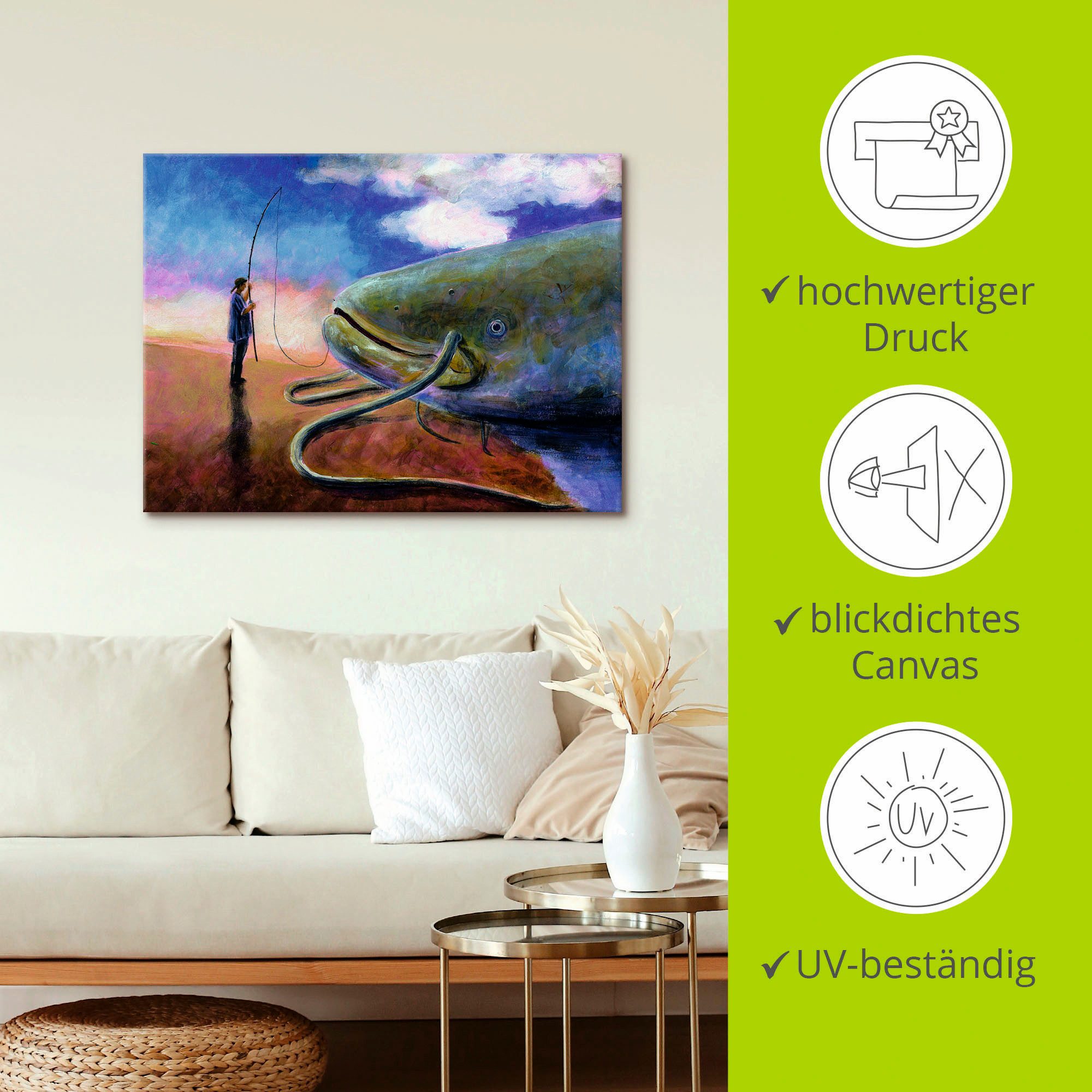 Artland Artprint Een dikke vis op de oever trekken als artprint op linnen, muursticker in verschillende maten