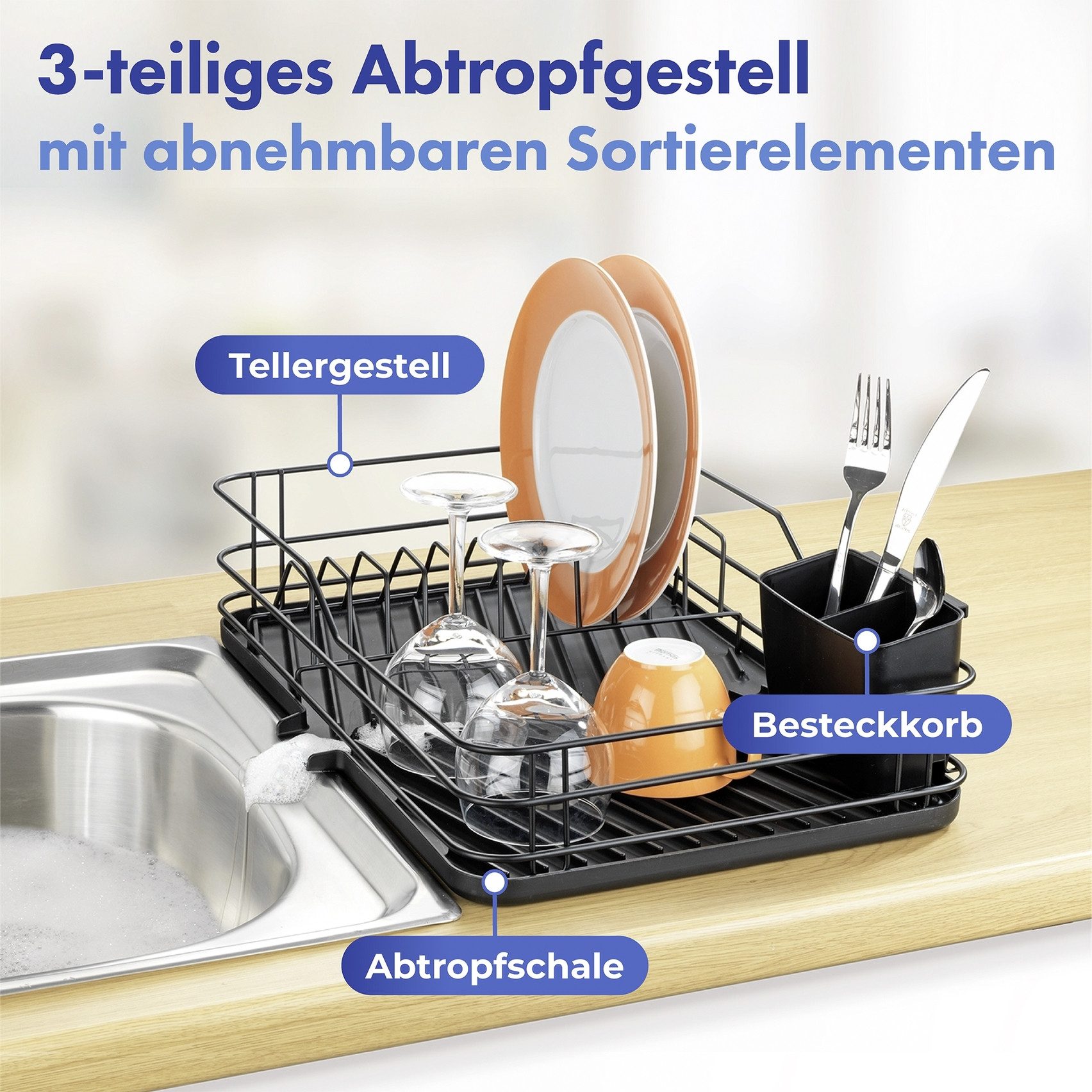 Maximex Afdruiprek Afwasrek met opvangbak, bestekmand en bordenstandaard