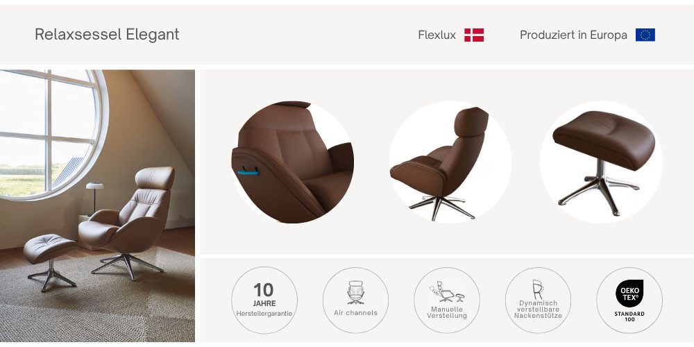 FLEXLUX Relaxfauteuil Elegant, relaxfauteuil, verstelbare rugleuning en hoofdsteun Eersteklas comfort, rug- en hoofdsteunverstelling, draaibaar, zwarte voet
