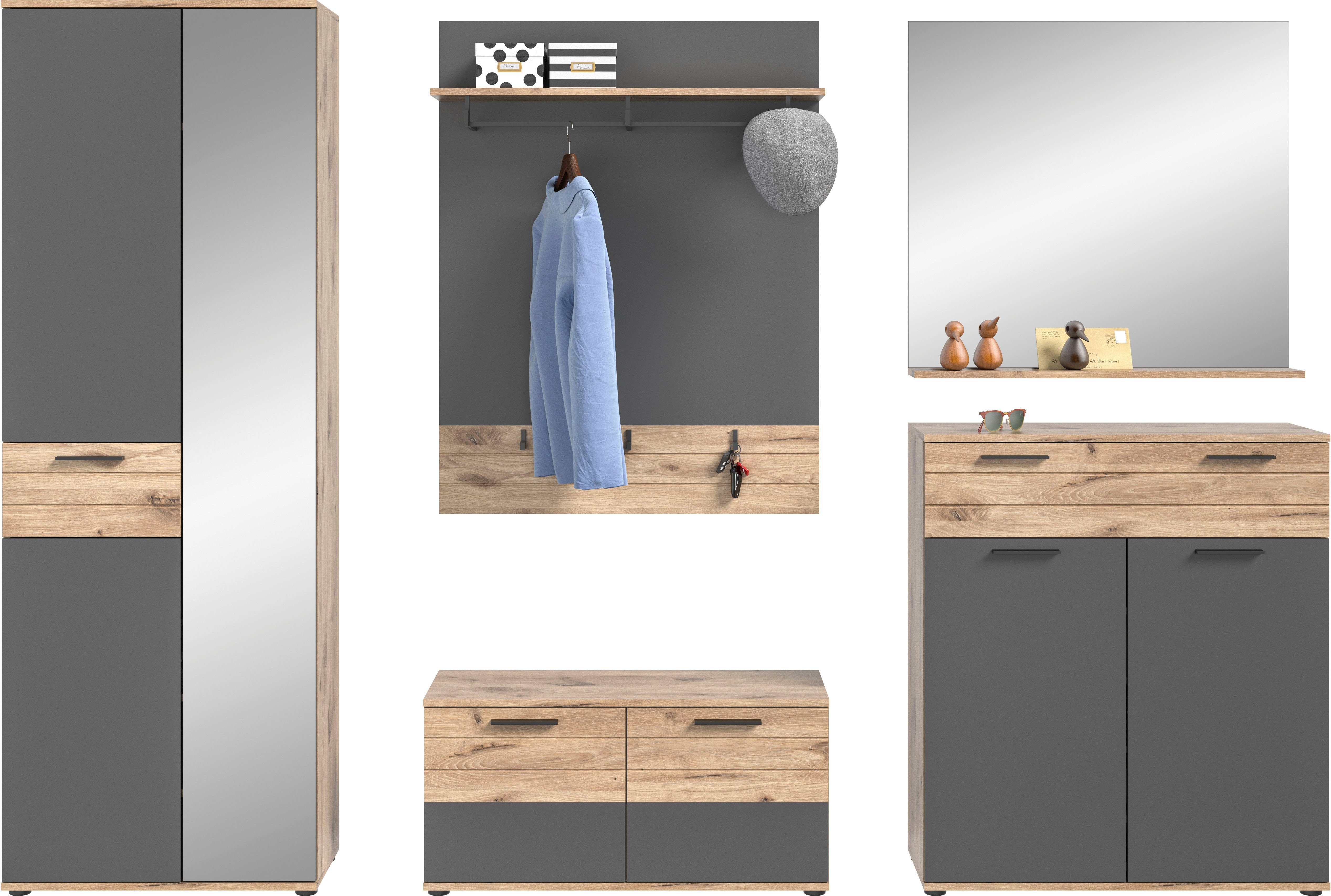 INOSIGN Halmeubelset Riga, Breedte 280 cm, hoogwaardige groeffrezing, 5-delig, bestaande uit: (set, 5-delig) kapstokpanelen grijs