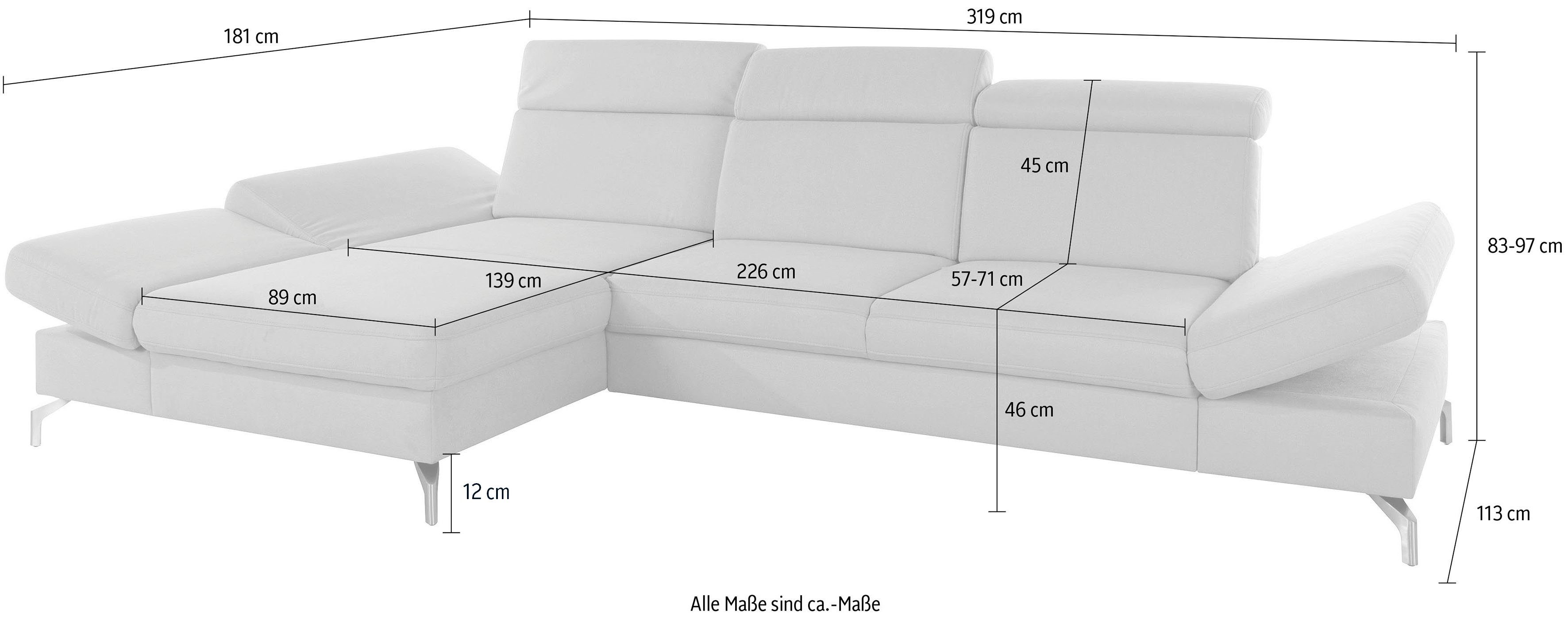 sit&more Hoekbank Brisbane L-vorm Poothoogte 12 cm, inclusief verstelbare zitdiepte, armleuningen en hoofdeind