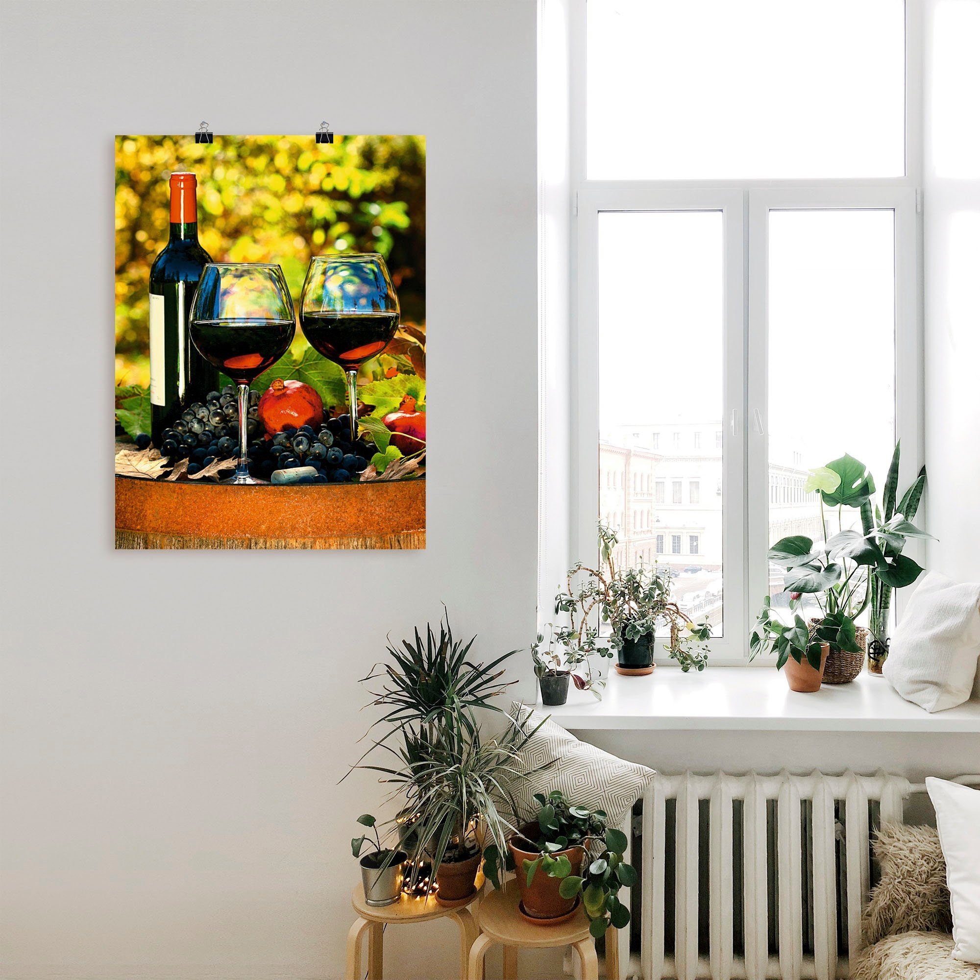 Artland Artprint Glazen met rode wijn op oud vat als poster, muursticker in verschillende maten