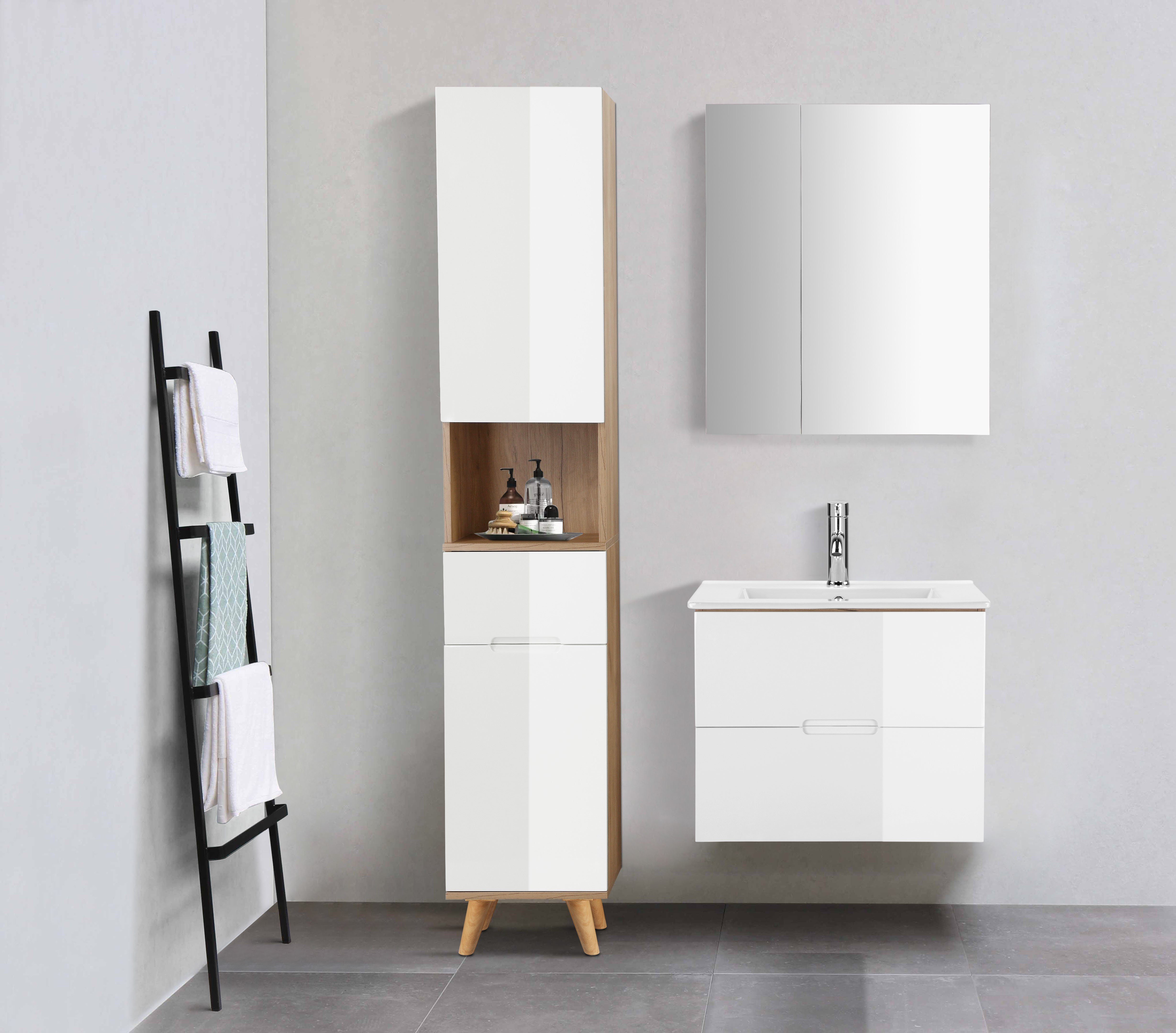 welltime Badkamerserie Lund badkamermeubelset badkamerkast badkamerset Spiegelkast, wastafelonderkast en wasbak breedte 60 cm (complete set)