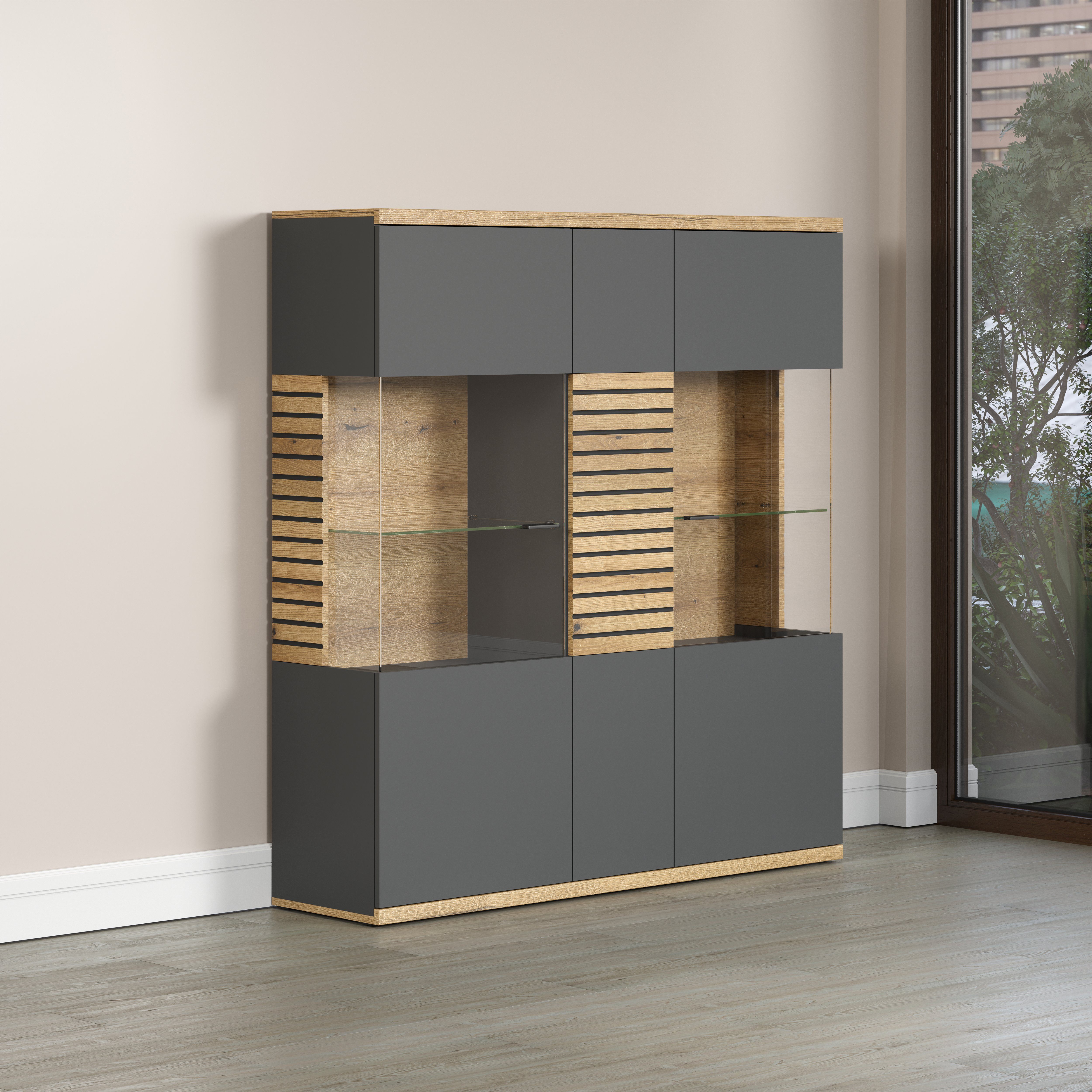 INOSIGN Highboard GALWAY Brede woonkamer vitrinekast in trendy ribbellook - Soft-Close