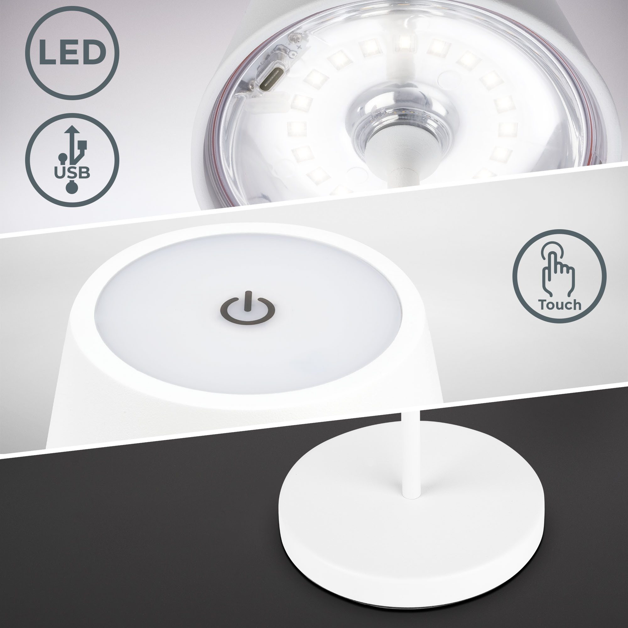 B.K.Licht Tafellamp voor buiten LED accu tafellamp met touchdimmer Kunststof metaal met USB-kabel en ingebouwde batterij IP54 Ø 12 cm (1 stuk)