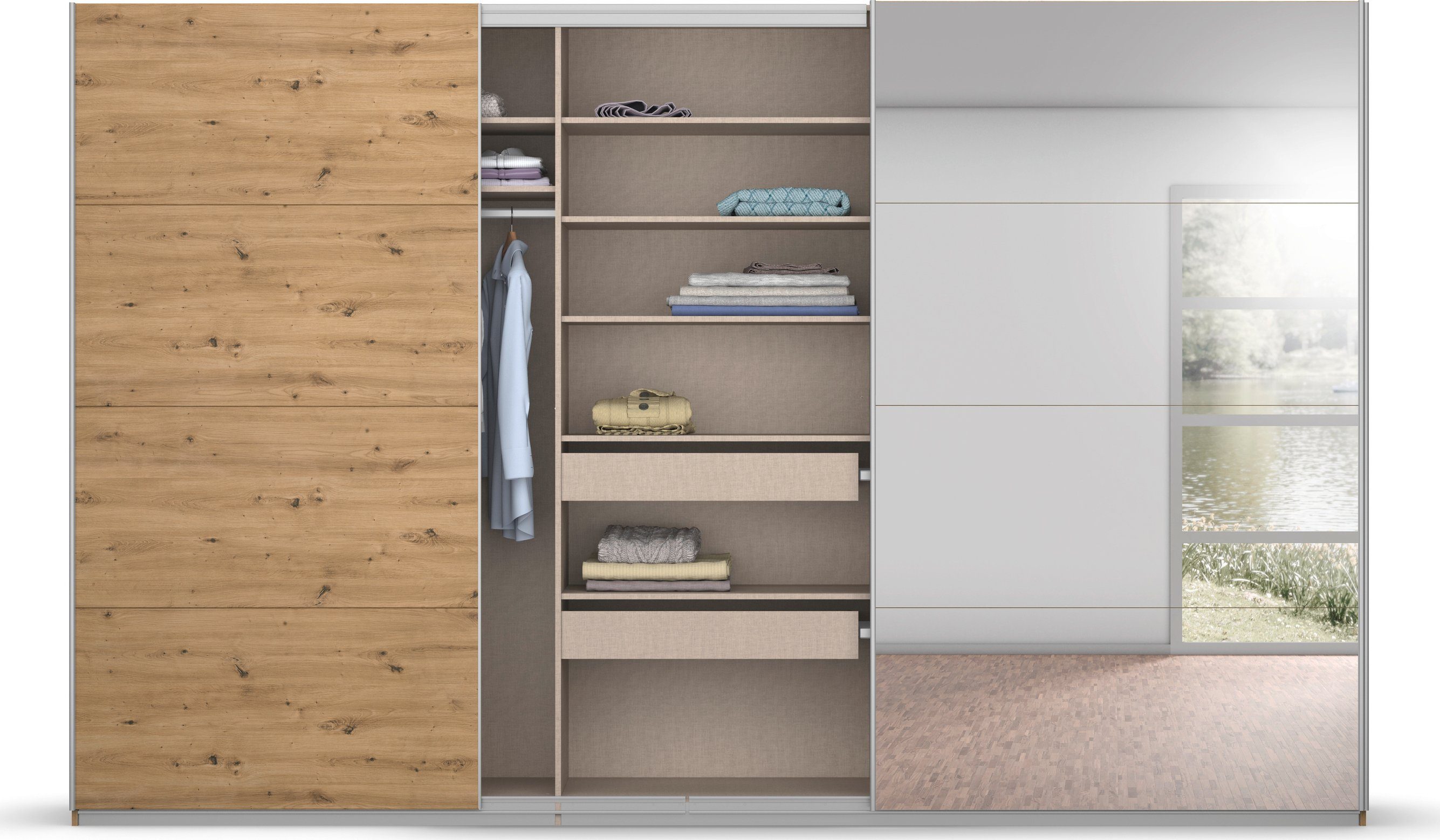 rauch Zweefdeurkast Kledingkast kast garderobe BESTSELLER KOLUNA met spiegel inclusief 2 binnenladen en extra legplanken made in germany