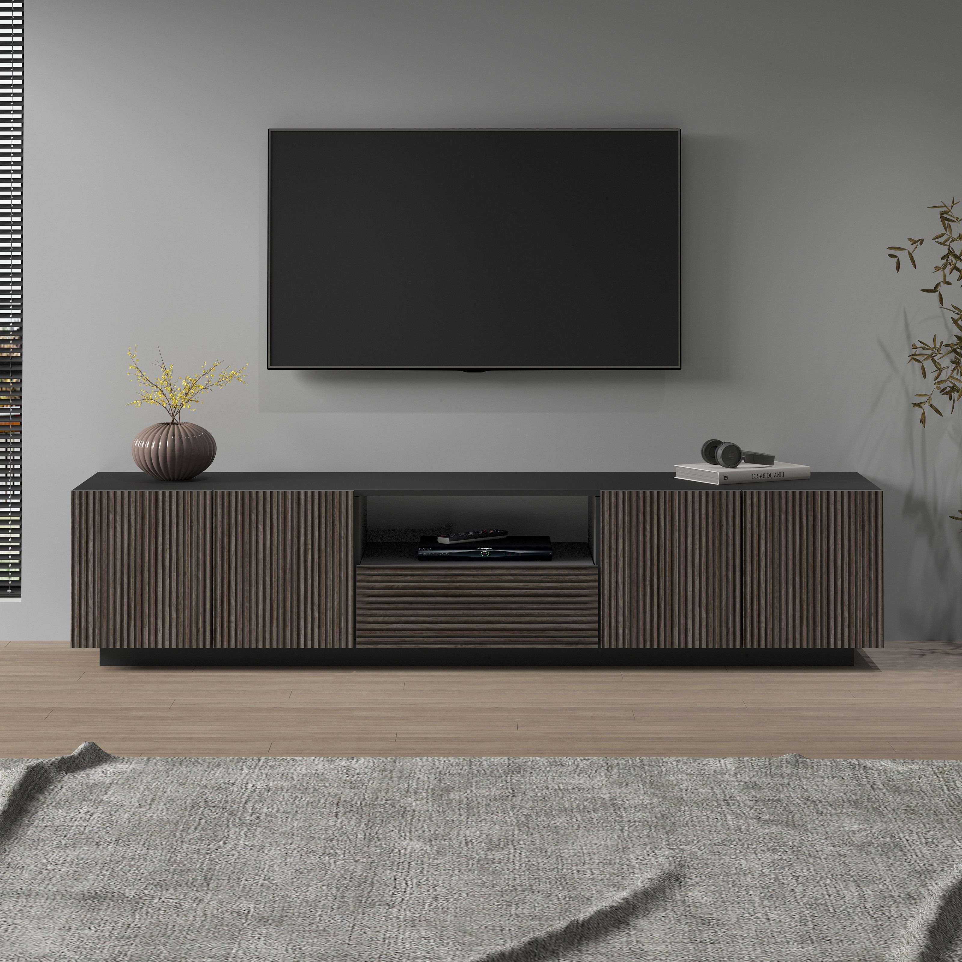 INOSIGN Tv-meubel Vega, Lowboard, TV-meubel, TV-kast, 220 cm met 4 deuren en 1 lade, fronten met groeflook