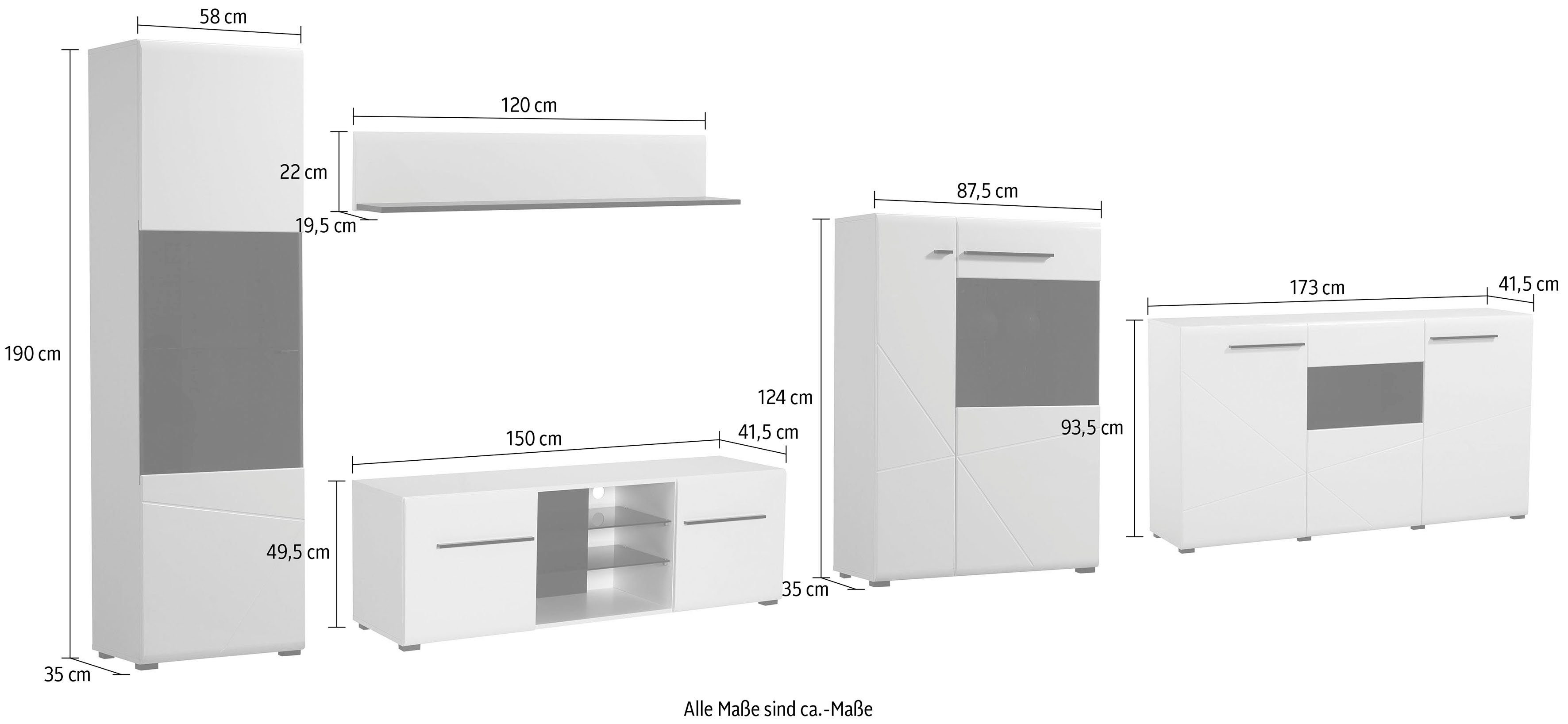 INOSIGN Wandmeubel Trentino inclusief vitrinekast, lowboard, highboard, wandplank en commode (set, 5-delig)