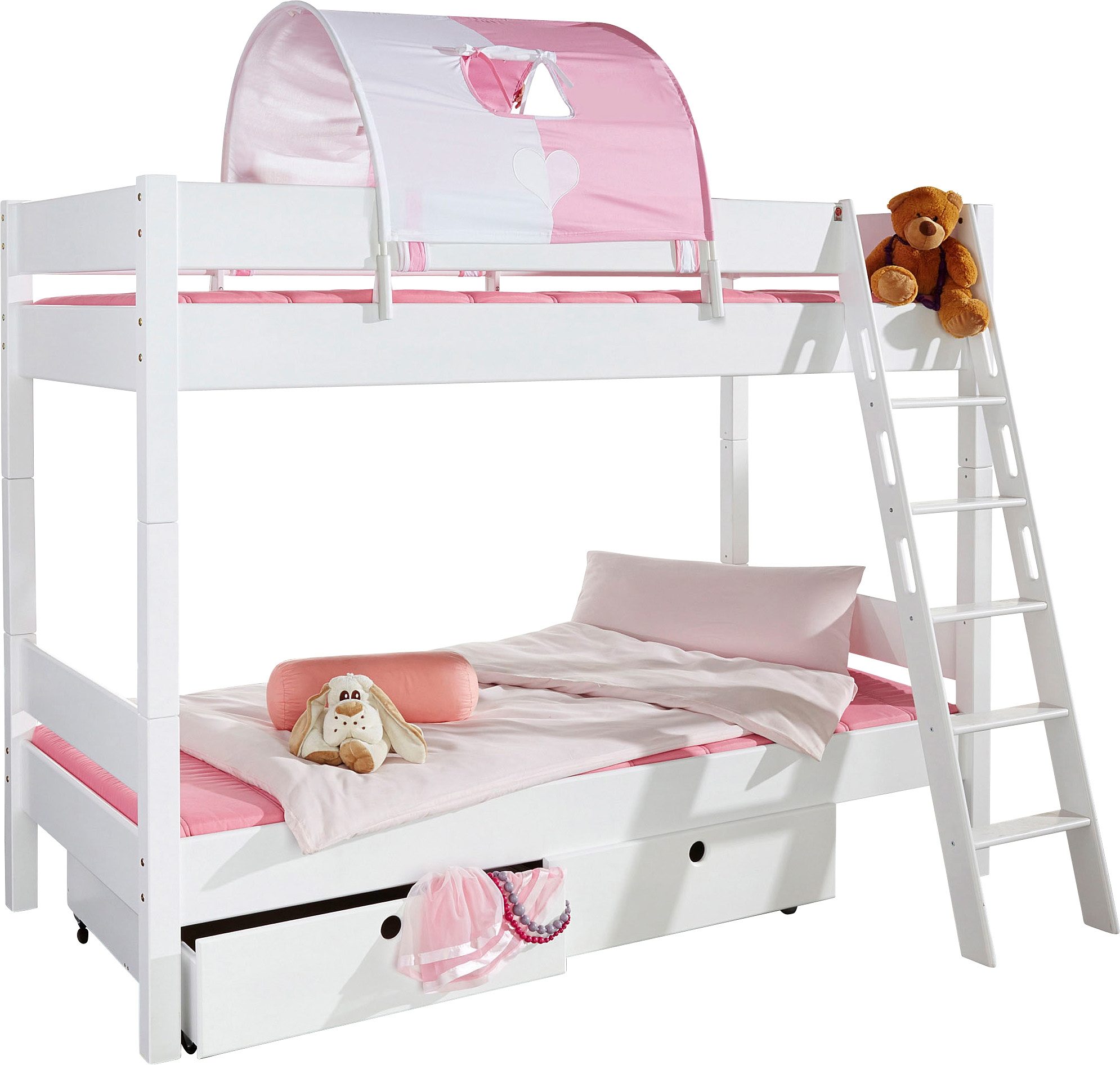 Relita Stapelbed Stefan incl. oprolbaar lattenbodem, met ladder en valbeveiliging, textiel set, beuken