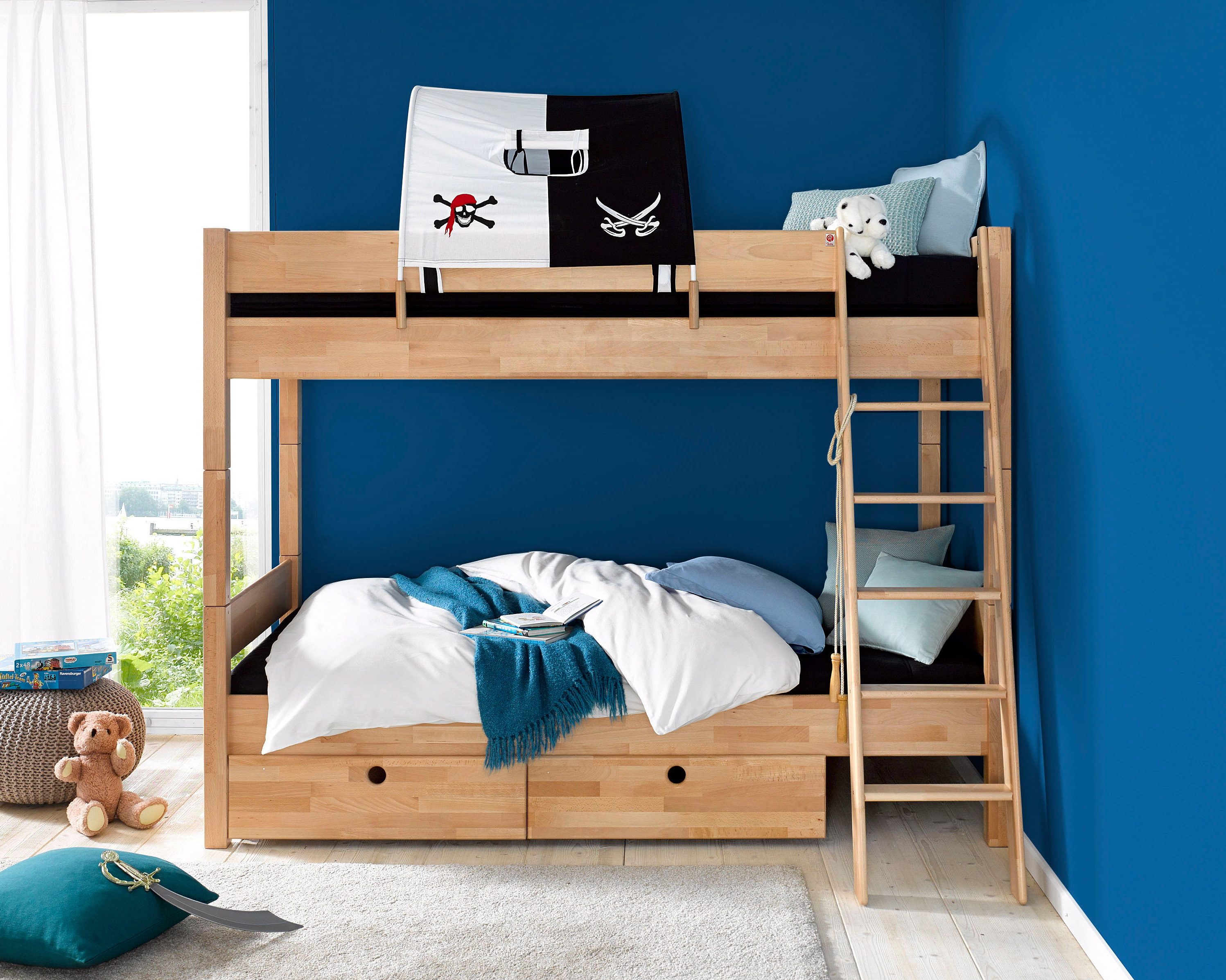 Relita Stapelbed Stefan incl. oprolbaar lattenbodem, met ladder en valbeveiliging, textiel set, beuken stapelbedden multicolor
