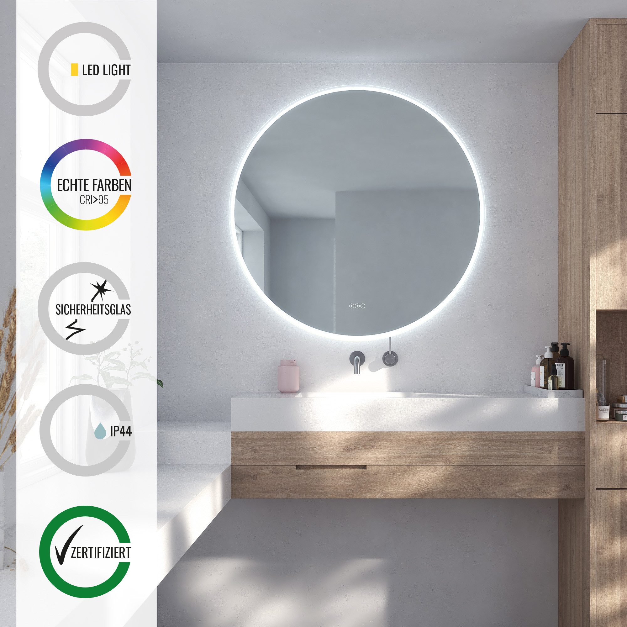 Loevschall Badspiegel Aalborg LED energiebesparende spiegel, rond, touchbediening, Touchpanel voor Lichtbediening, Verstelbare Spiegel, MultiWhite® (1 stuk)