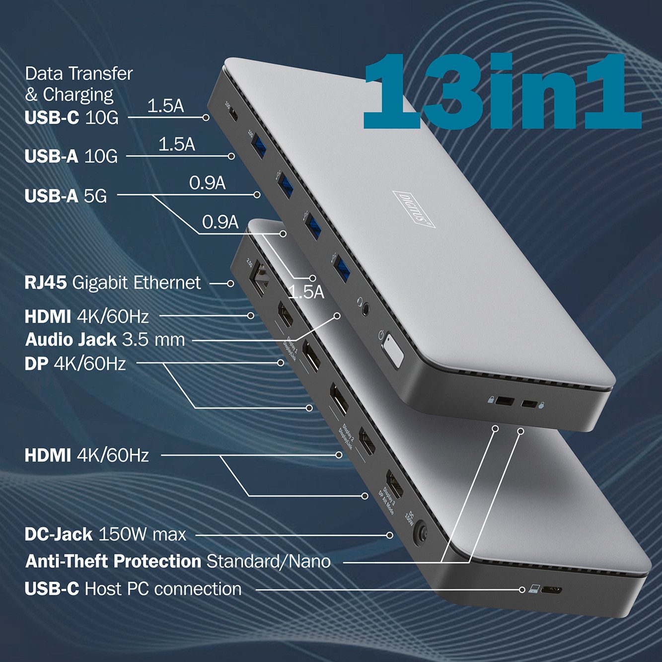 Digitus Laptop-dockingstation USB-C Docking Station, 13-Port, HDMI, USB, RJ45, SD