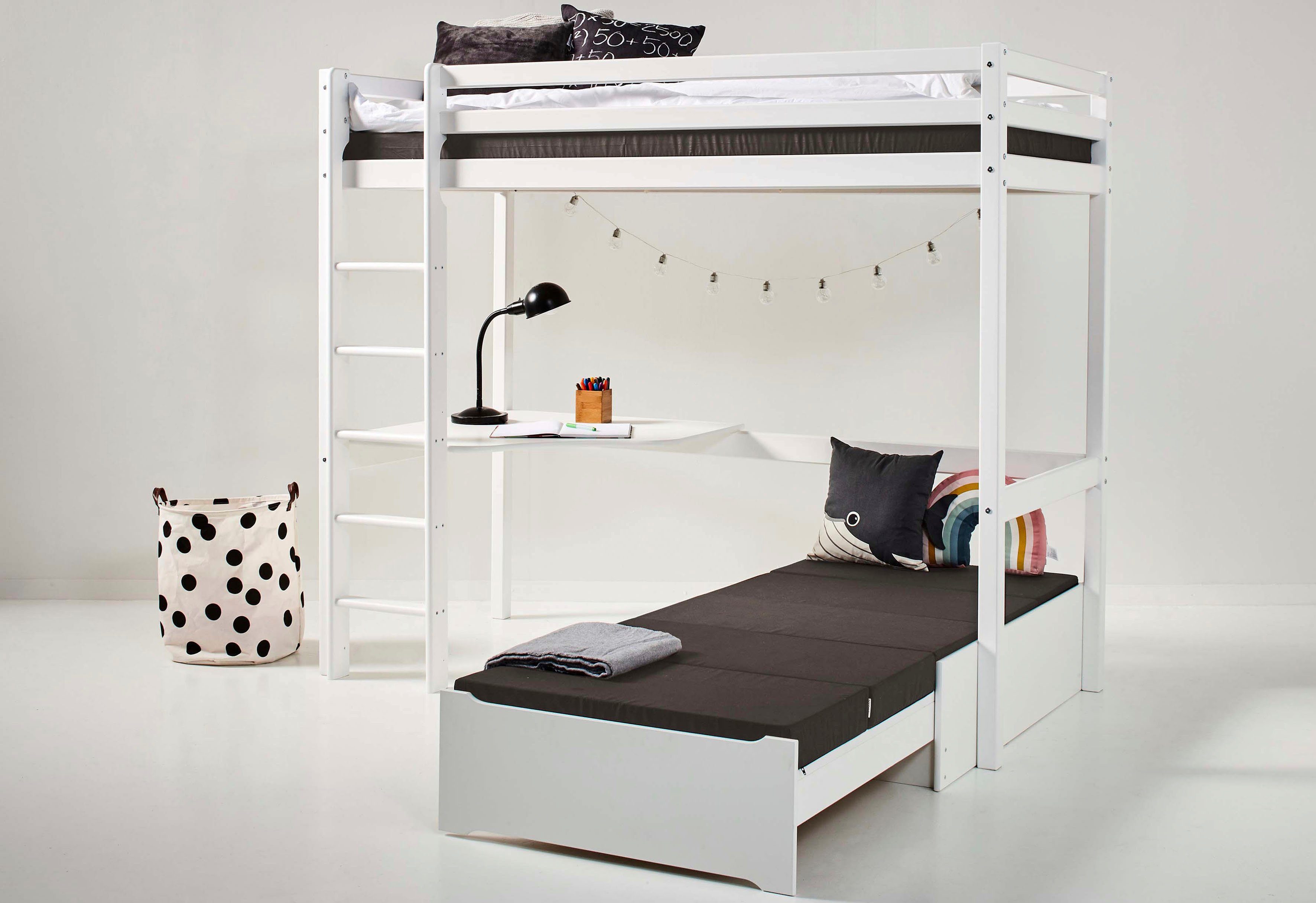 Hoppekids Hoogslaper ECO Dream 90x200 met bureau & loungebank / logeerbed Kinderbed van massief hout, bank uitschuifbaar tot logeerbed