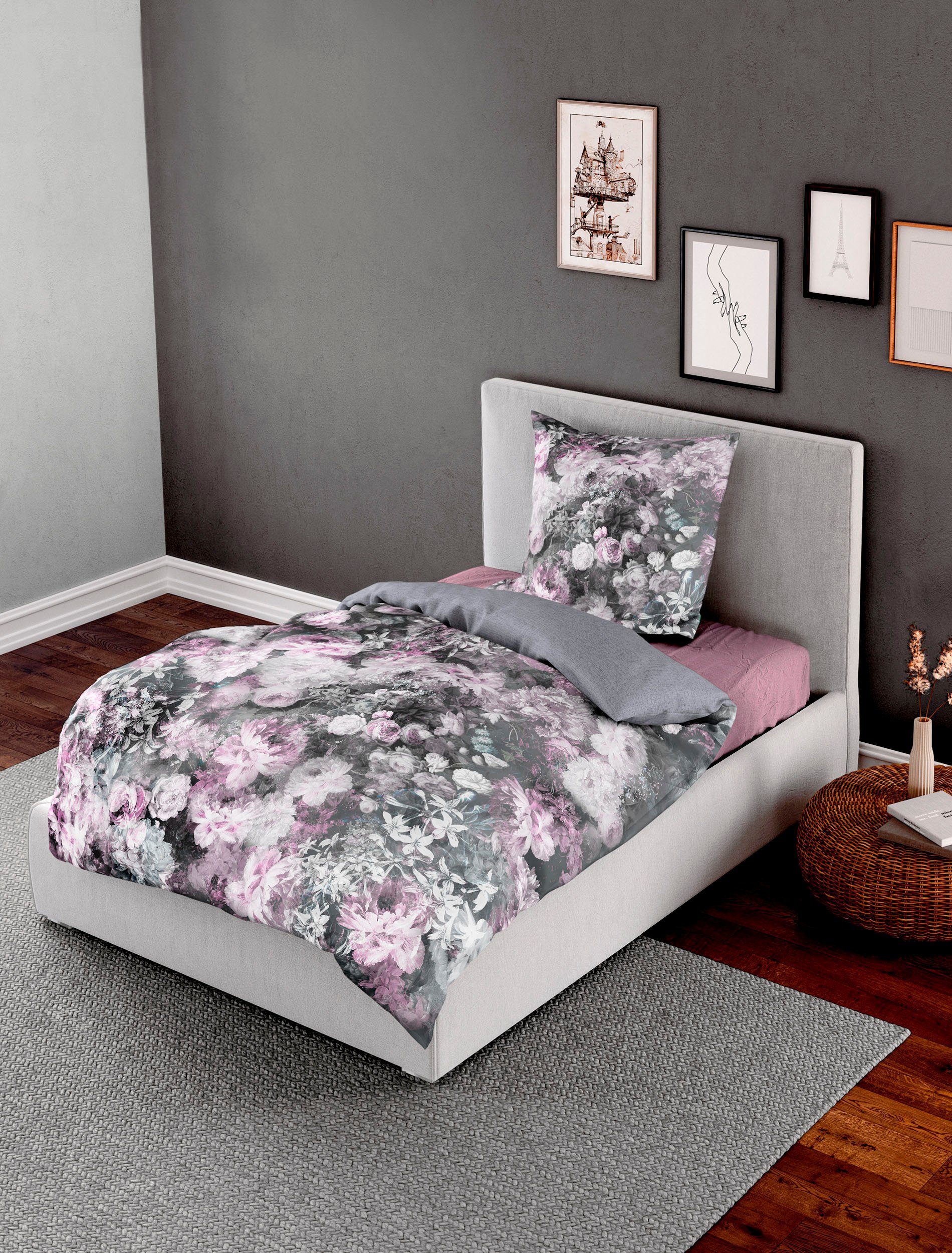 BIERBAUM Overtrekset Veelkleurige bloemen in mt. 135x200 of 155x220 cm Dekbedovertrek van katoen, gebloemde dekbedovertrek met reversible-look (2-delig)
