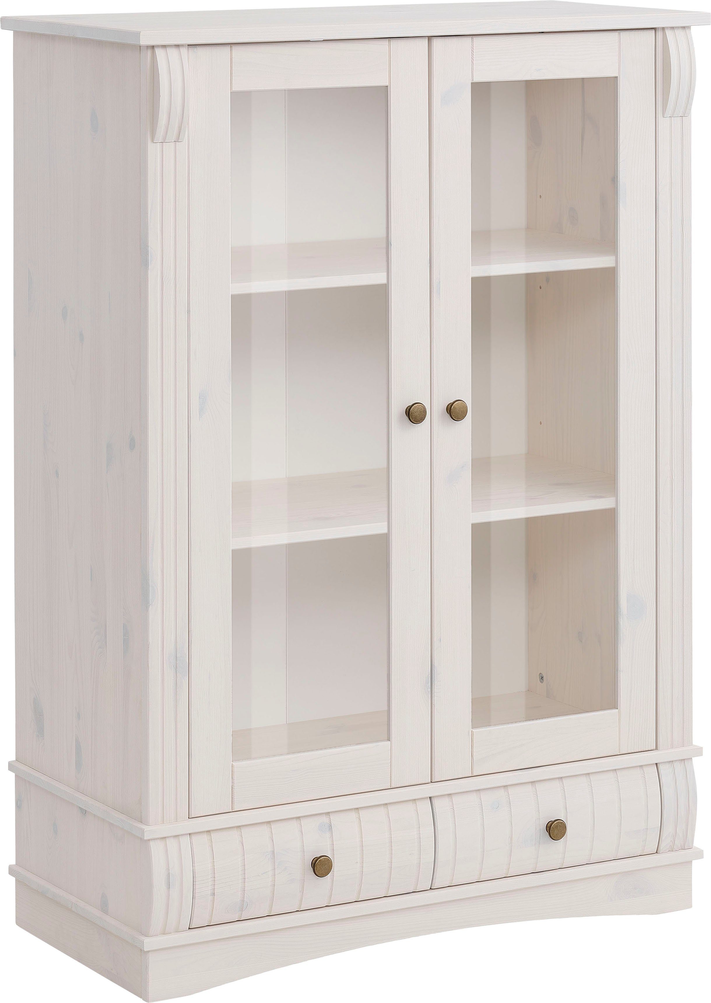 Home affaire Vitrinekast Teresa met 2 glazen deuren en 2 lades, hoogte 120 cm, van massief hout vitrinekasten wit