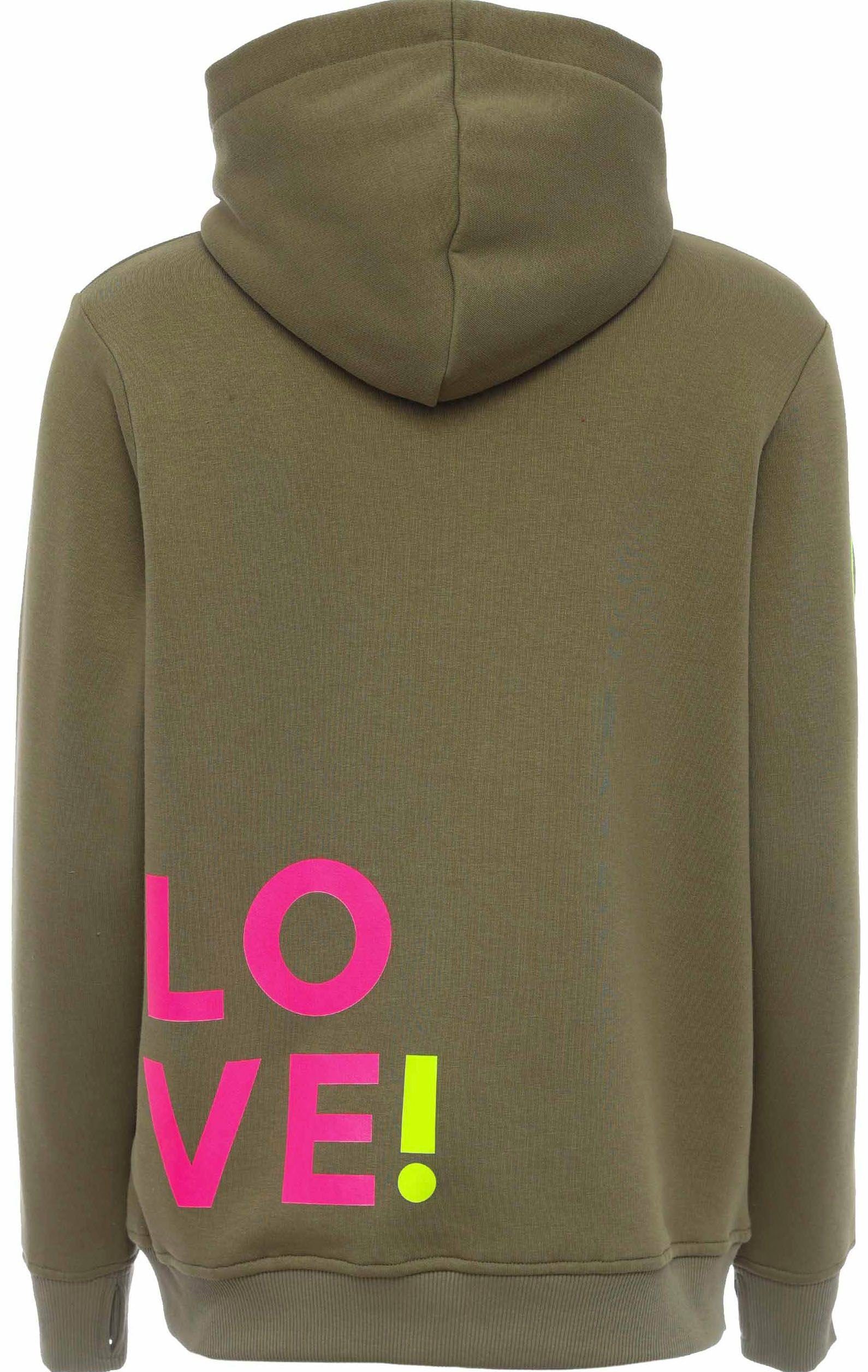 Zwillingsherz Hoodie met geborduurd neonhart op de mouw en "love"-schrift op koord