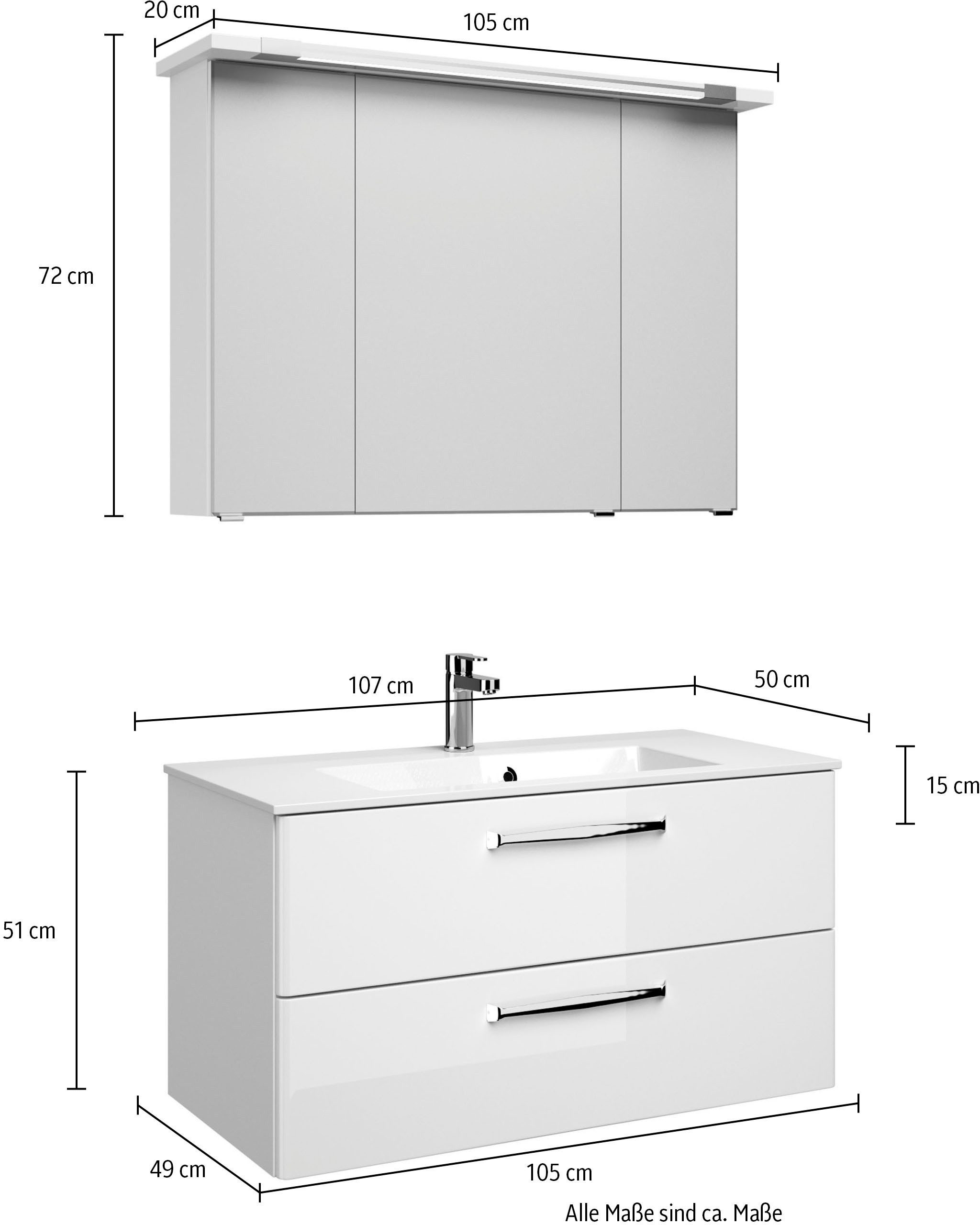 Saphir Badmeubelset Trentino 2-delig mineralen marmer wasbak, spiegelkast met LED-profiel (3 stuks)