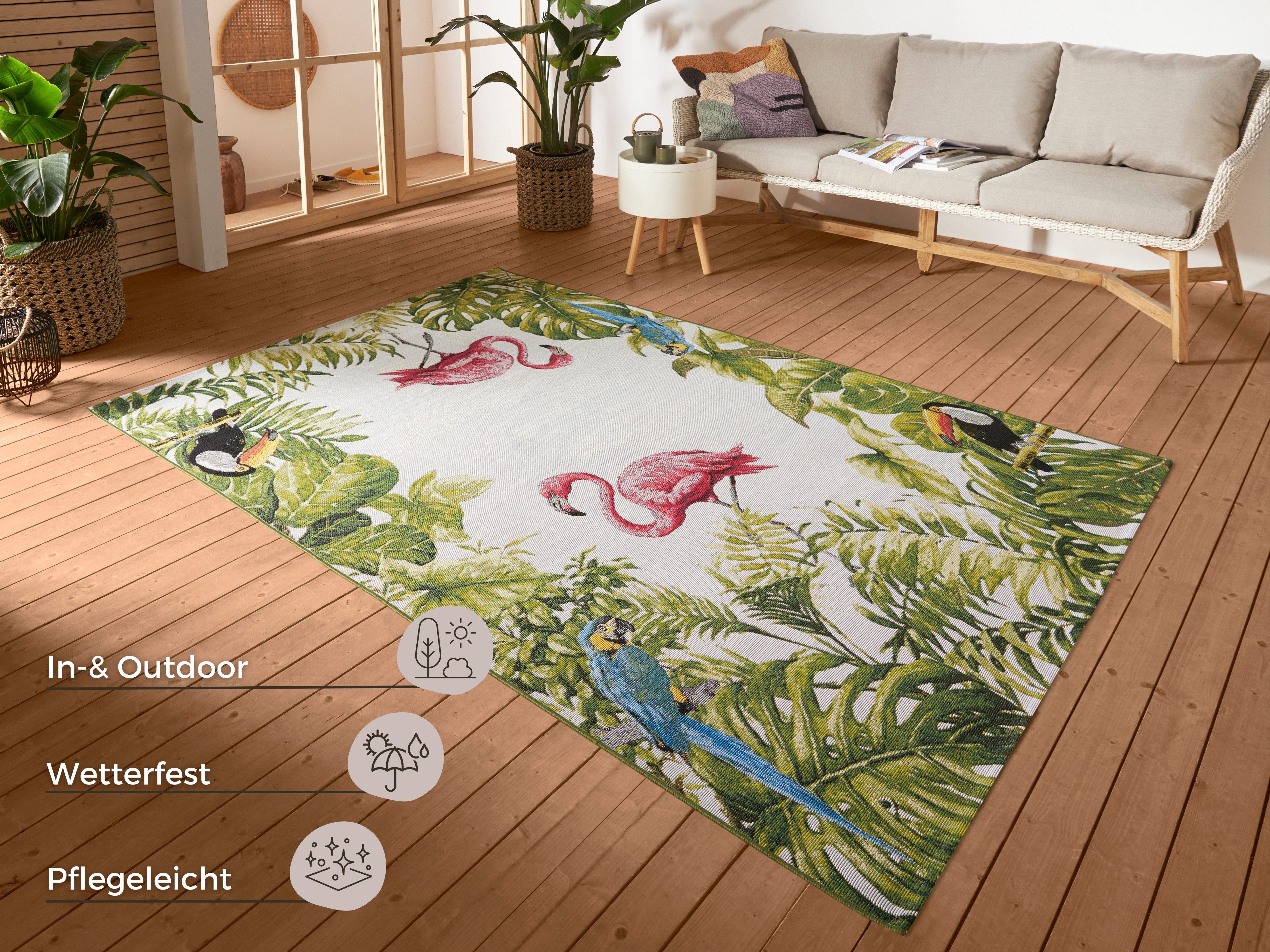 HANSE Home Outdoorkleed Tropical Birds In-& outdoor, tapijt, weerbestendig, balkon, tuin, woonkamer, floraal