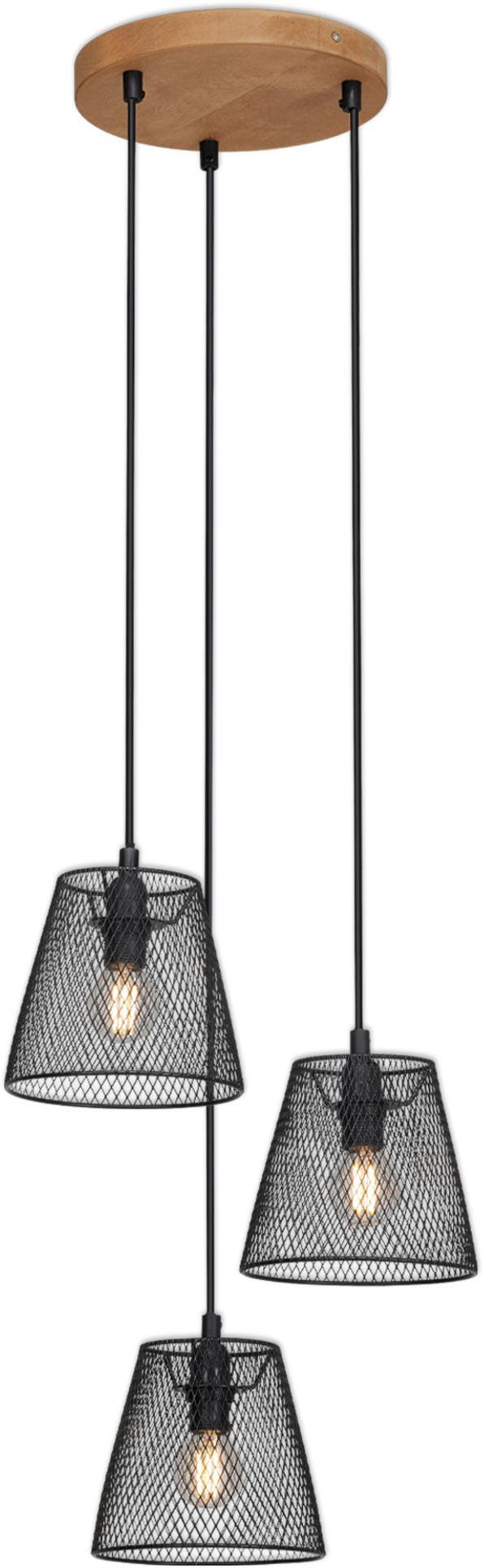 Briloner Leuchten Hanglamp TAUNUS 3-vlamig, retro/vintage, metalen kap en houten basis, zwart, 21 cm (1 stuk)